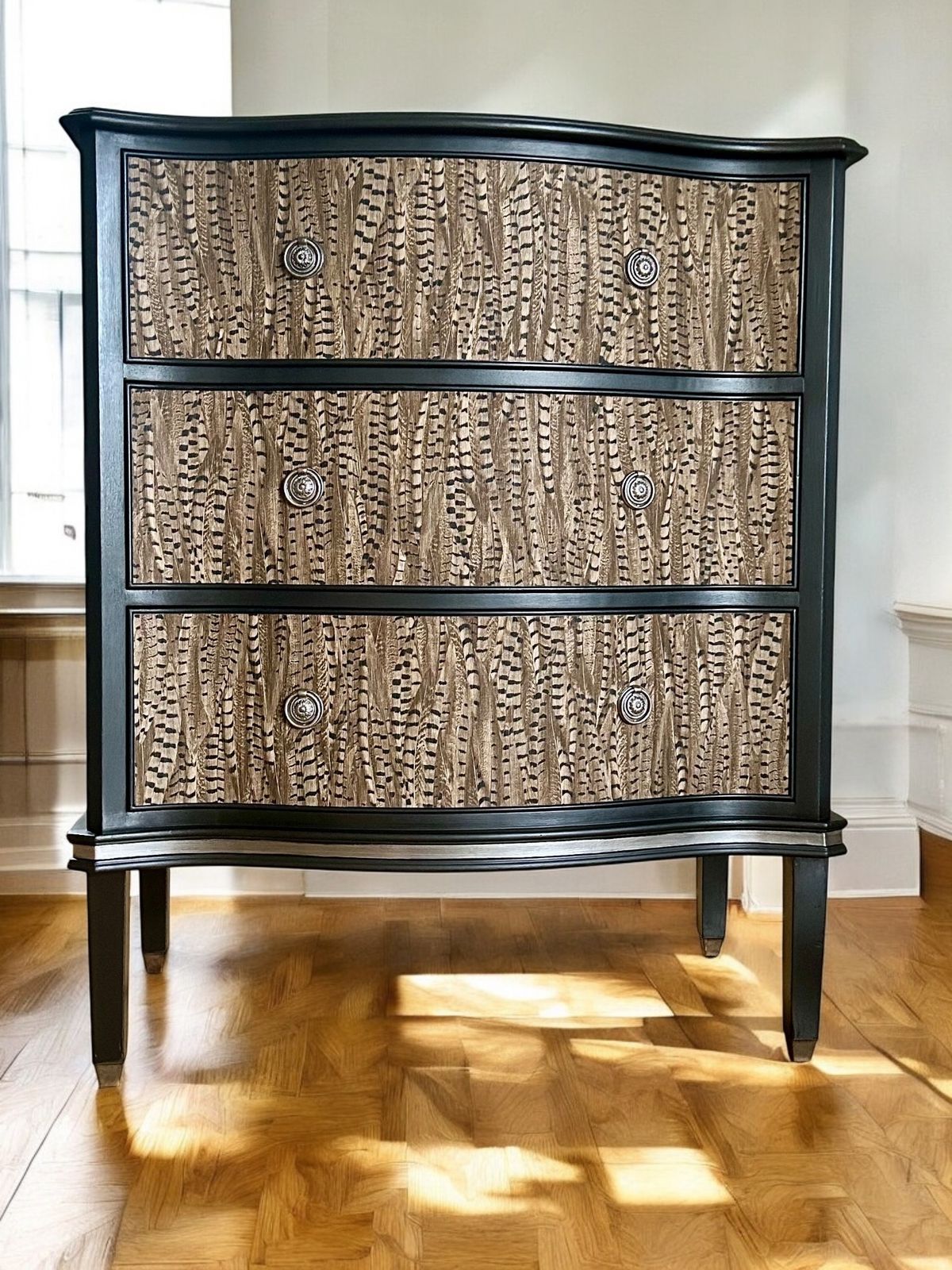 photo furniture Vintage Drawers.  Bow Front, Handpainted And Decoupaged.  Black With Pheasant Feather Decoupage.
