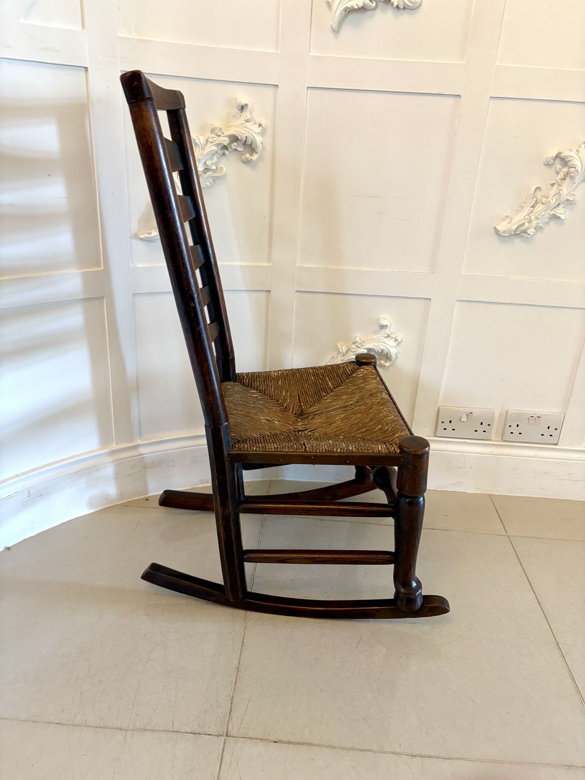 Unusual 18th Century Antique Oak Ladder Back Rocking Chair photo for sale