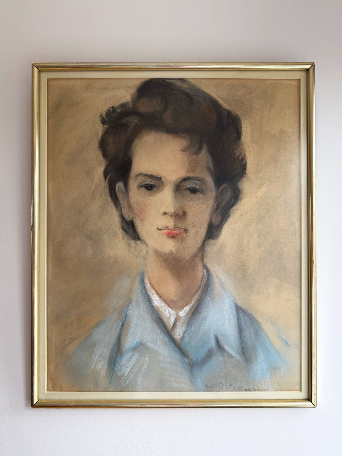 Vintage Pastel Portrait Of Young Woman – Signed By W. Ostrowski, Framed Original Art photo for sale