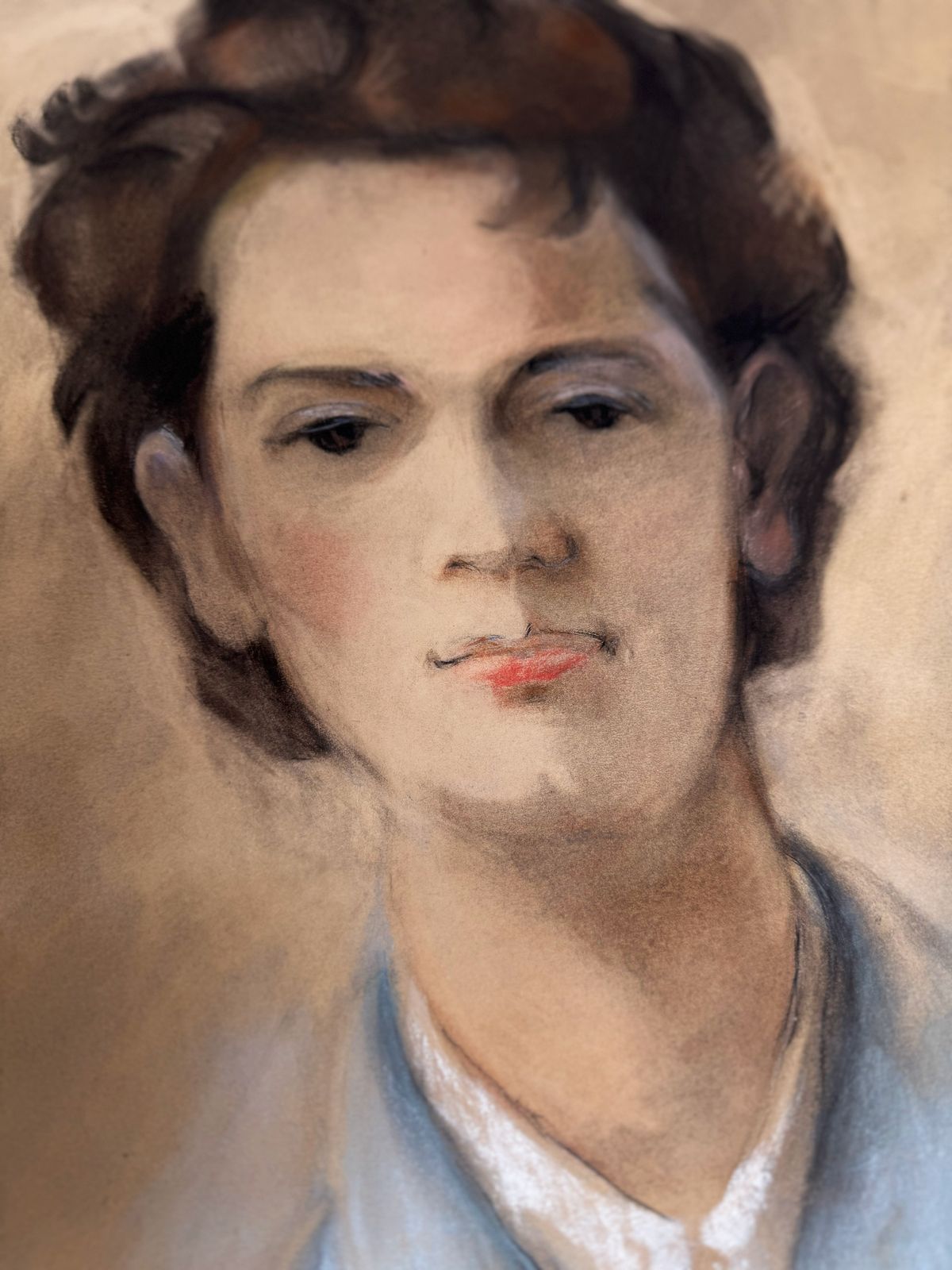 Art Vintage Pastel Portrait Of Young Woman – Signed By W. Ostrowski, Framed Original Art photo