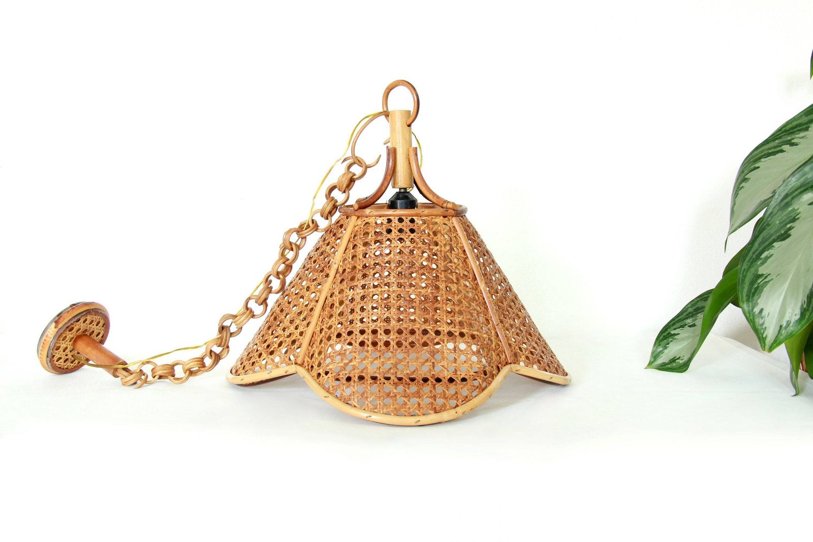 photo for sale Ombrellino, Vintage Bamboo And Viennese Straw Ceiling Lamp, Italy, 1970s