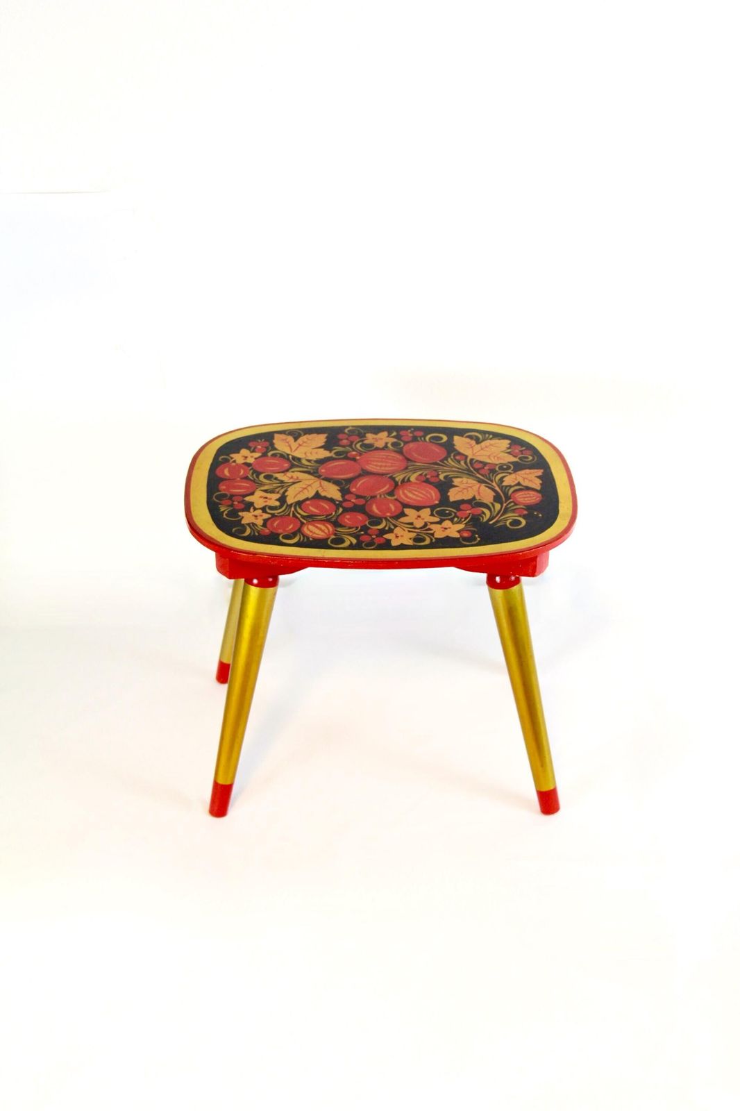 Taburetka, Vintage Xoxloma Hand Painted Stool, Ussr, 1970s photo furniture