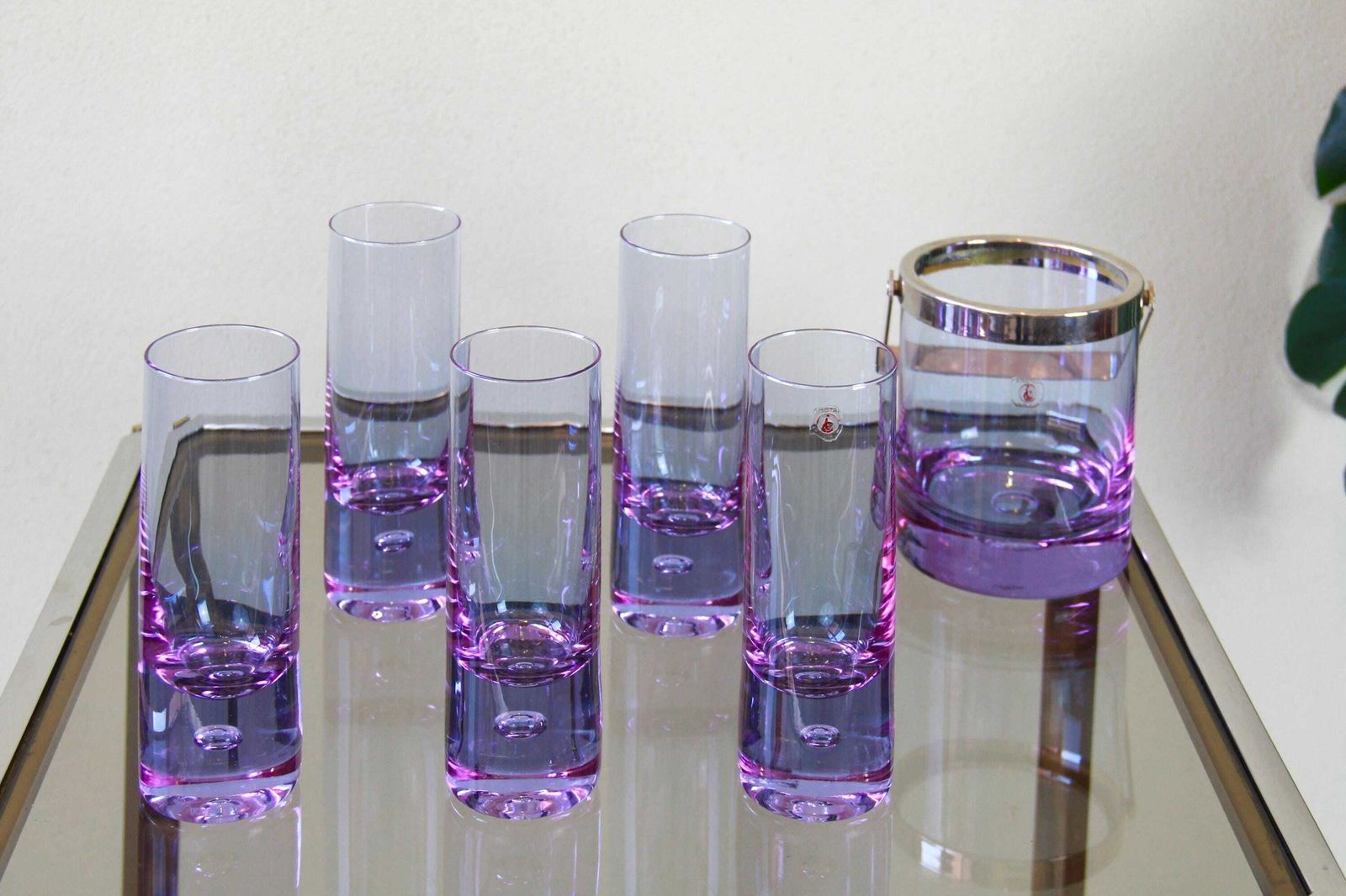 Deep Purple, Space Age Alexandrite Drinking Glasses And Ice Bucket By Kristal, Italy, 1970s photo for sale