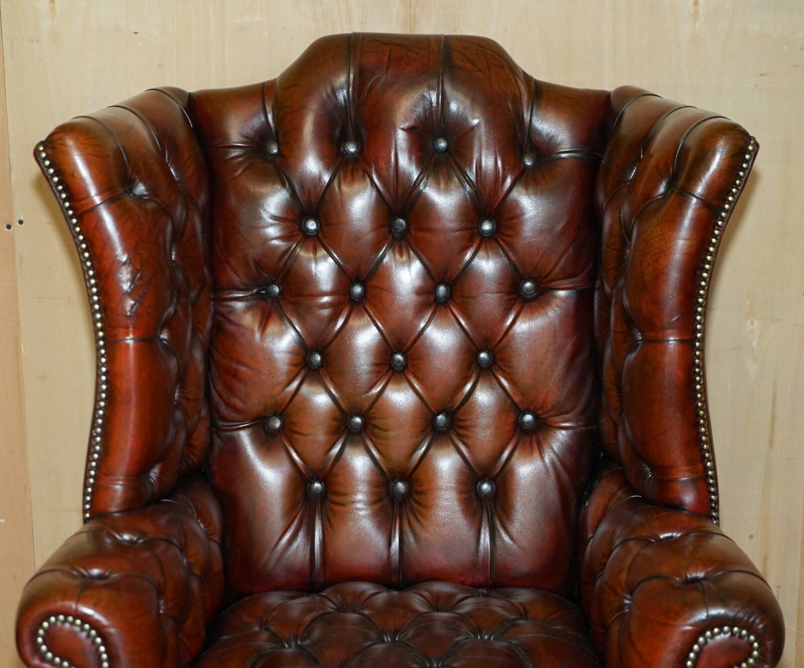 Antique Fully Restored Bordeaux Leather Tufted Chesterfield Wingback Armchair photo for sale