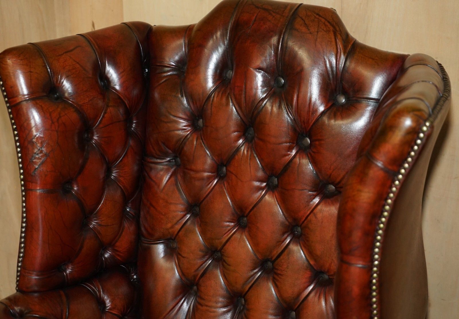 Antique Fully Restored Bordeaux Leather Tufted Chesterfield Wingback Armchair photo Furniture