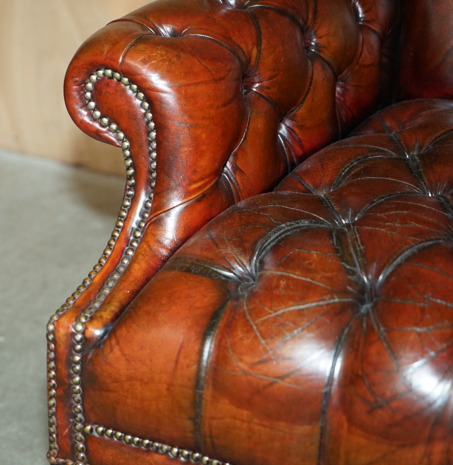 photo for sale Antique Fully Restored Bordeaux Leather Tufted Chesterfield Wingback Armchair