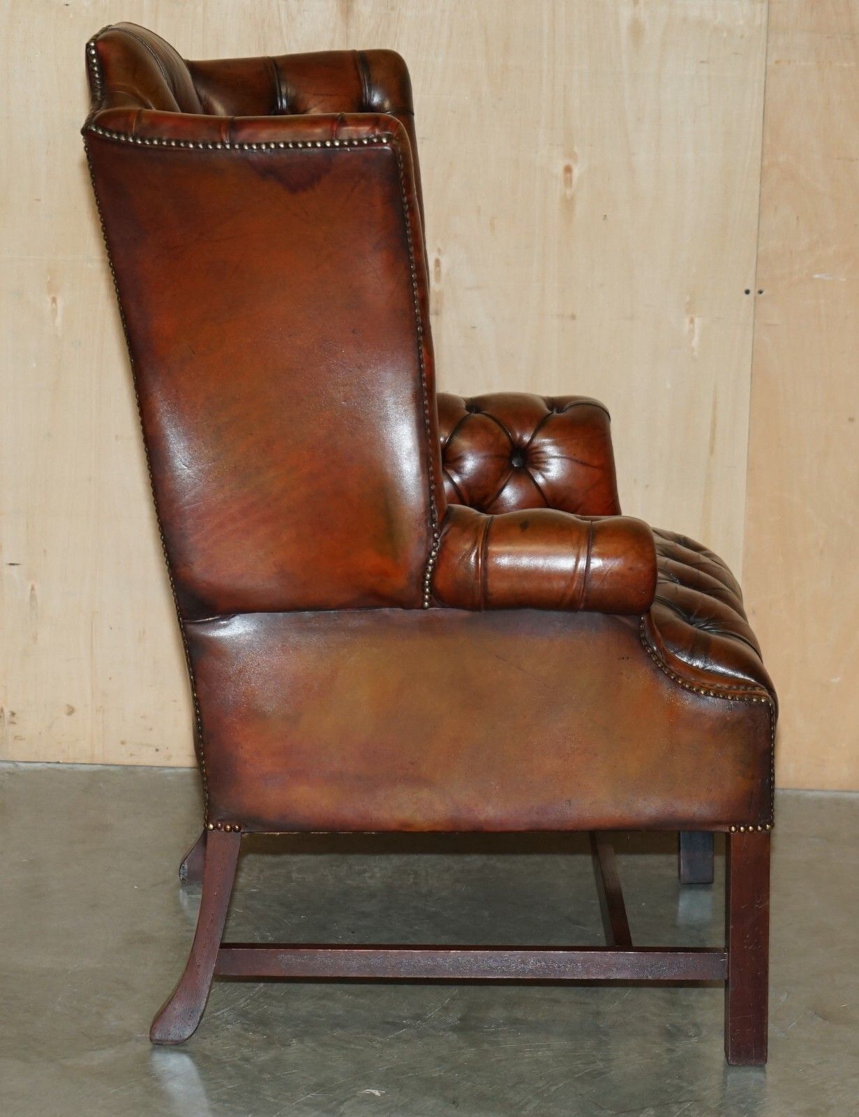 Furniture Antique Fully Restored Bordeaux Leather Tufted Chesterfield Wingback Armchair photo