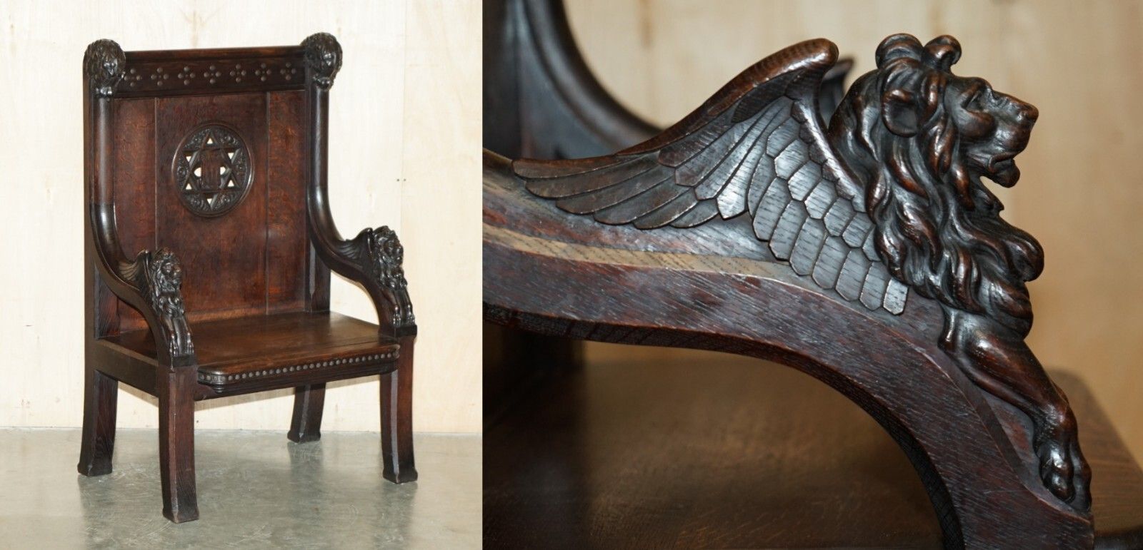 Stunning Extra Large Gothic Revival Throne Armchair Hand Carved Armorial Lions