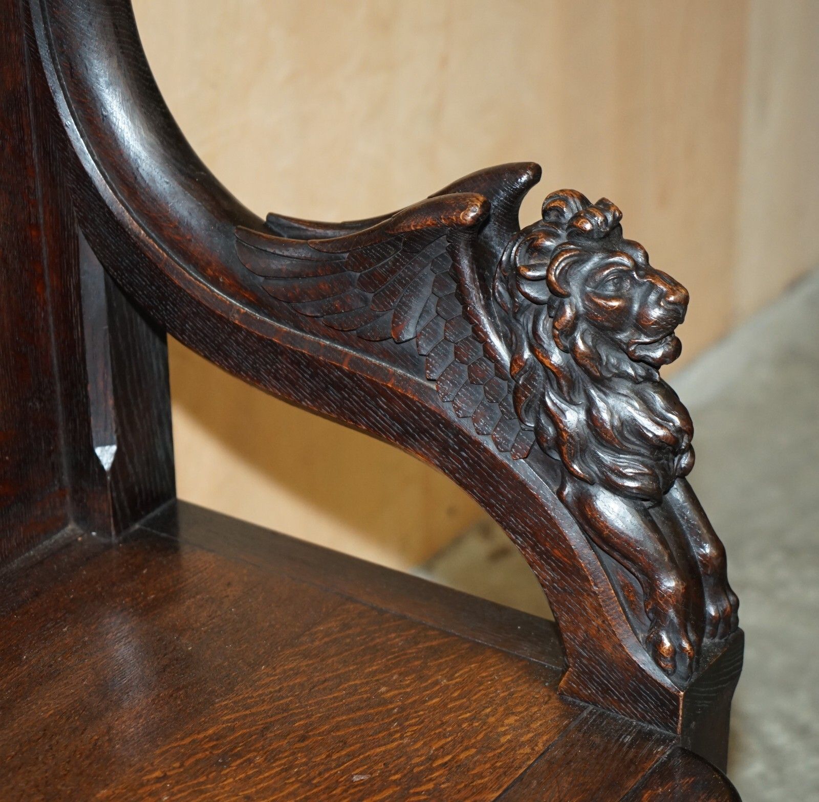 photo for sale Stunning Extra Large Gothic Revival Throne Armchair Hand Carved Armorial Lions