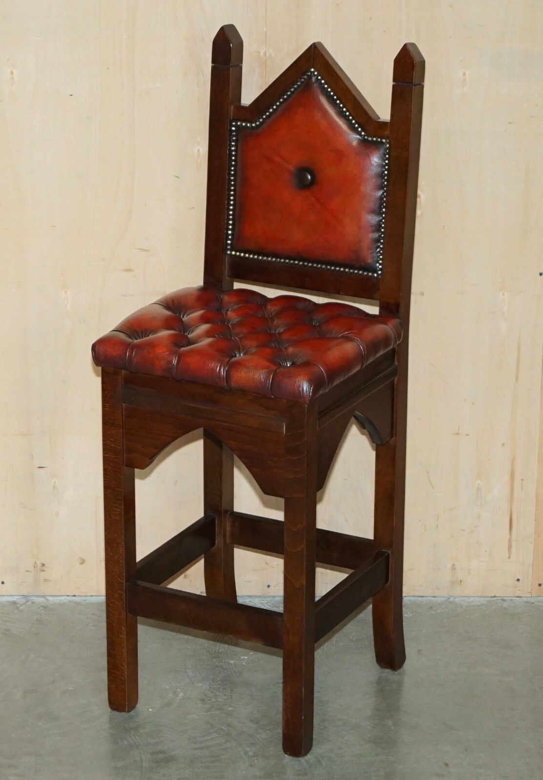 Three Restored Brown Leather Chesterfield Gothic Steeple Kitchen Bar Stools 3 photo furniture