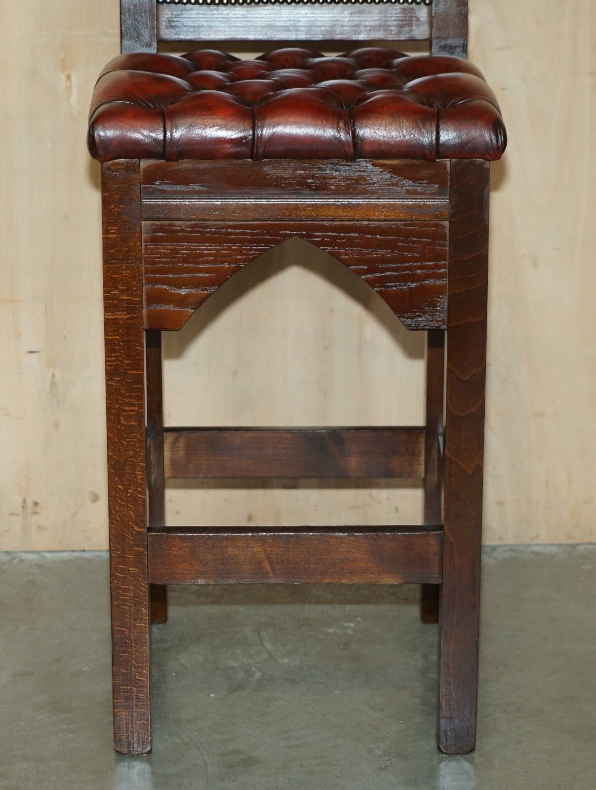 Three Restored Brown Leather Chesterfield Gothic Steeple Kitchen Bar Stools 3 photo vintage
