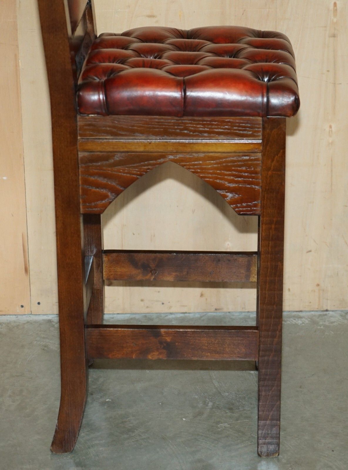 Furniture Three Restored Brown Leather Chesterfield Gothic Steeple Kitchen Bar Stools 3 photo