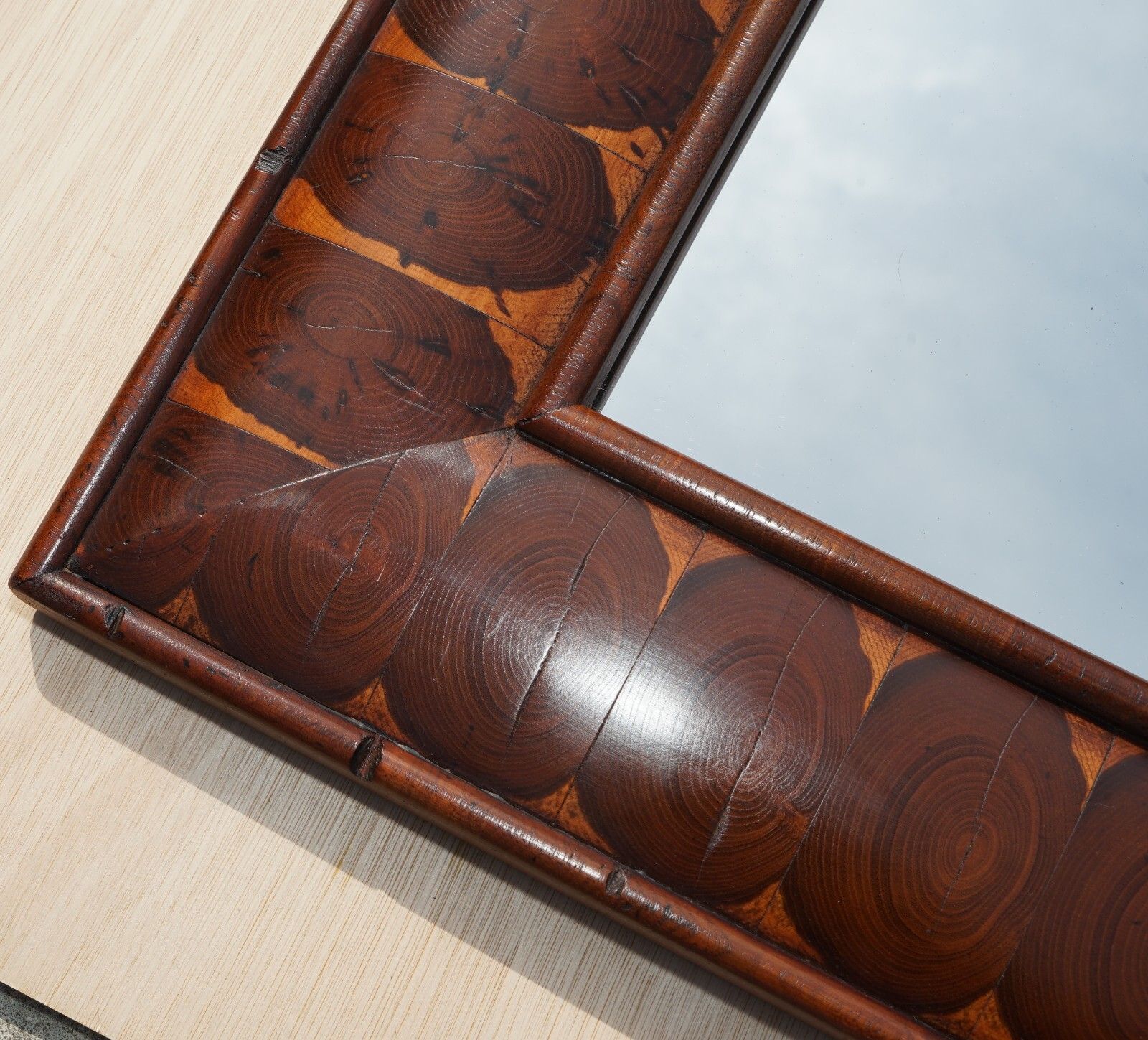 Exquisite Antique Oyster Laburnum Wood Cushion Framed Wall Mirror Sublime Patina photo furniture