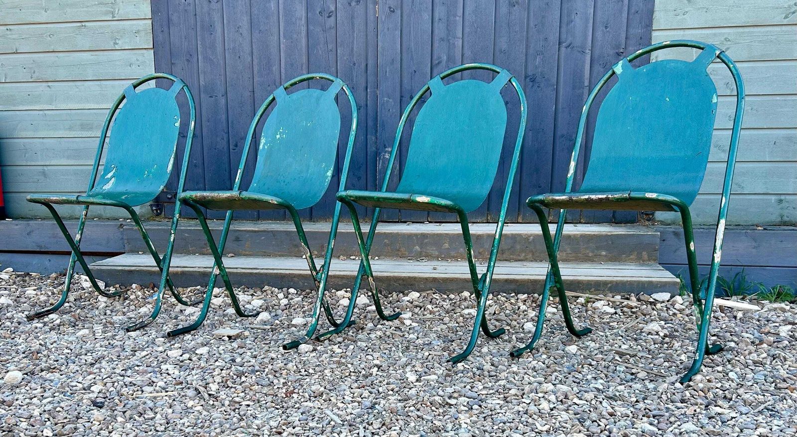 Set Of Four Sebel Stak A Bye Industrial Metal Chairs Vintage Restaurant Cafe Dining Stacking Retro Kitchen Garden
