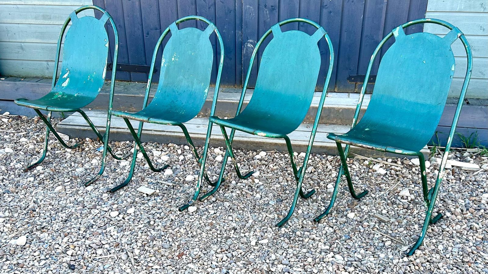Set Of Four Sebel Stak A Bye Industrial Metal Chairs Vintage Restaurant Cafe Dining Stacking Retro Kitchen Garden photo furniture