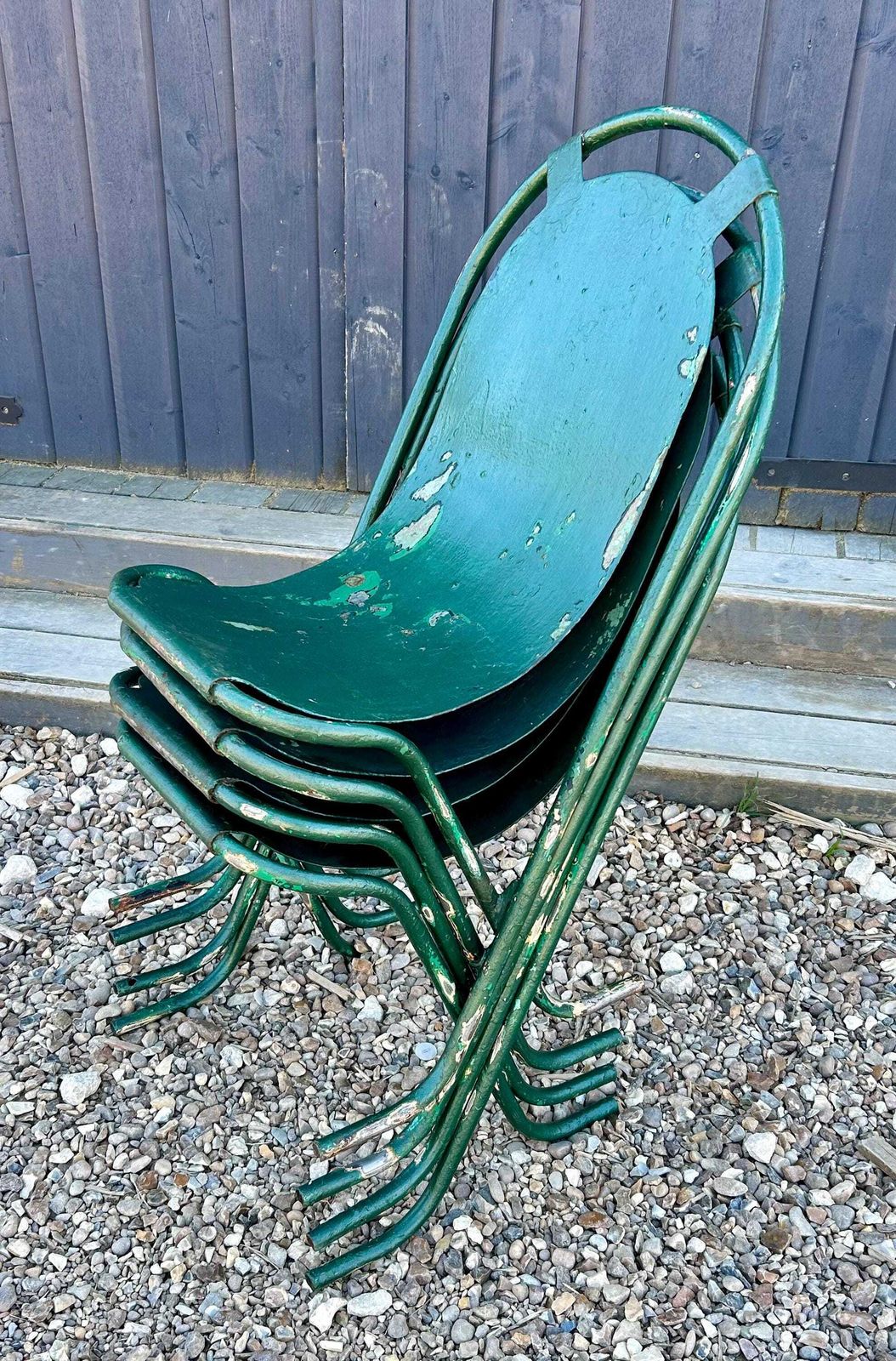 Set Of Four Sebel Stak A Bye Industrial Metal Chairs Vintage Restaurant Cafe Dining Stacking Retro Kitchen Garden photo vinterior