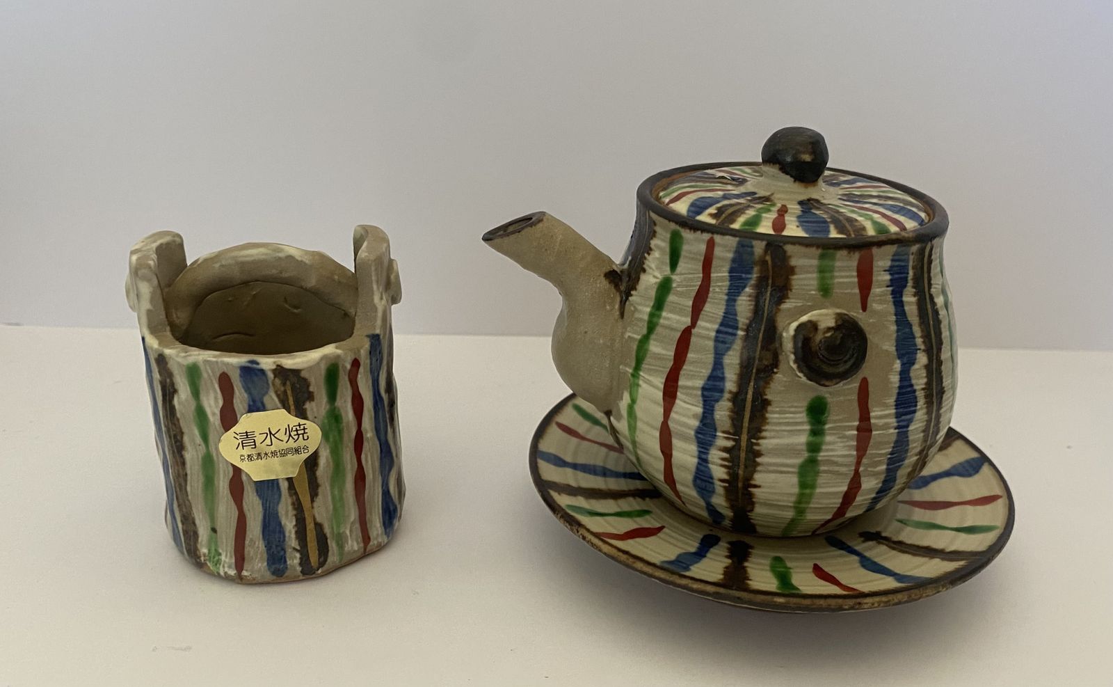 Original, Kitomizu Ware, Stoneware Teapot And ‘Water Bucket’ With Intricate ‘Snake Grass Design. photo Home Decor