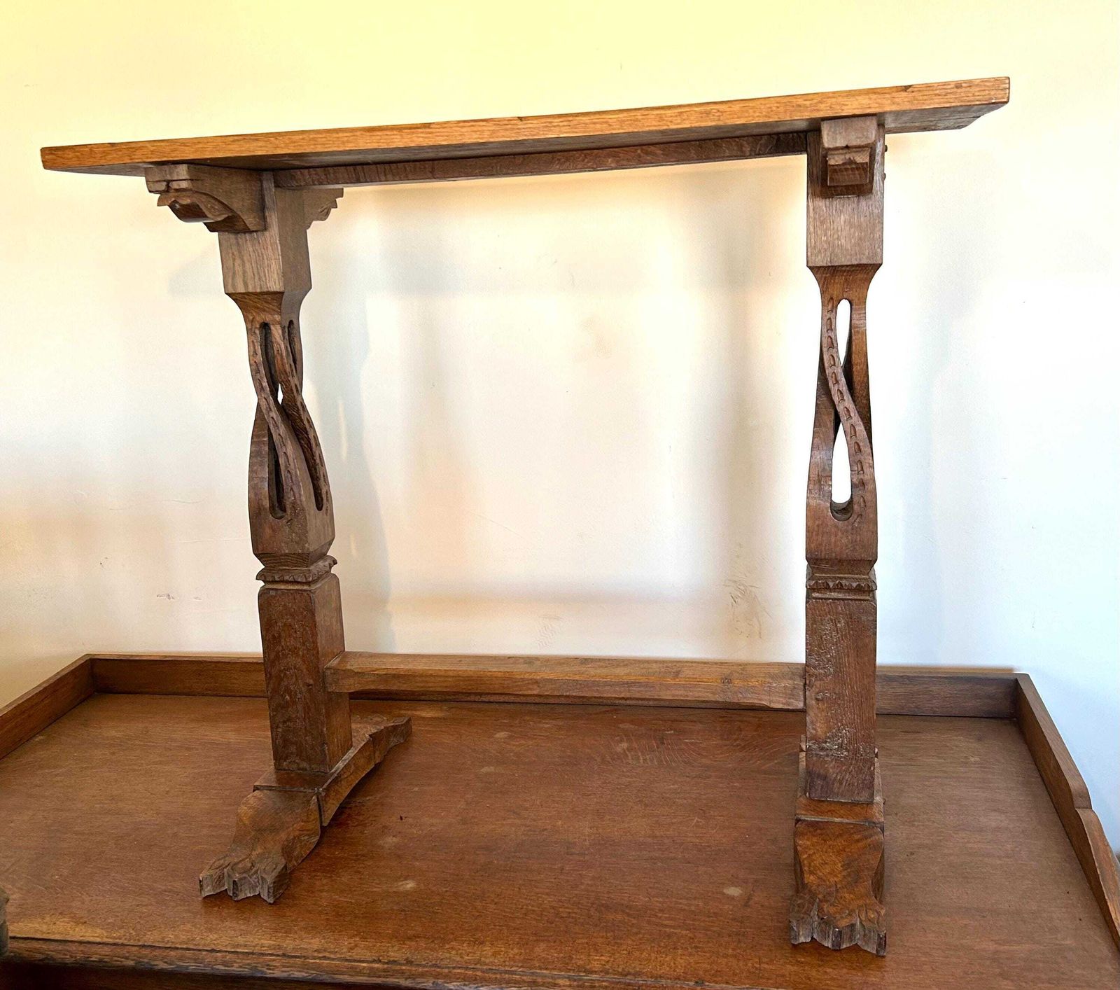 Vintage Oak Side Altar Table Wooden Arts And Crafts Hall Desk Industrial Occasional Coffee Church Lecturn Antique photo for sale