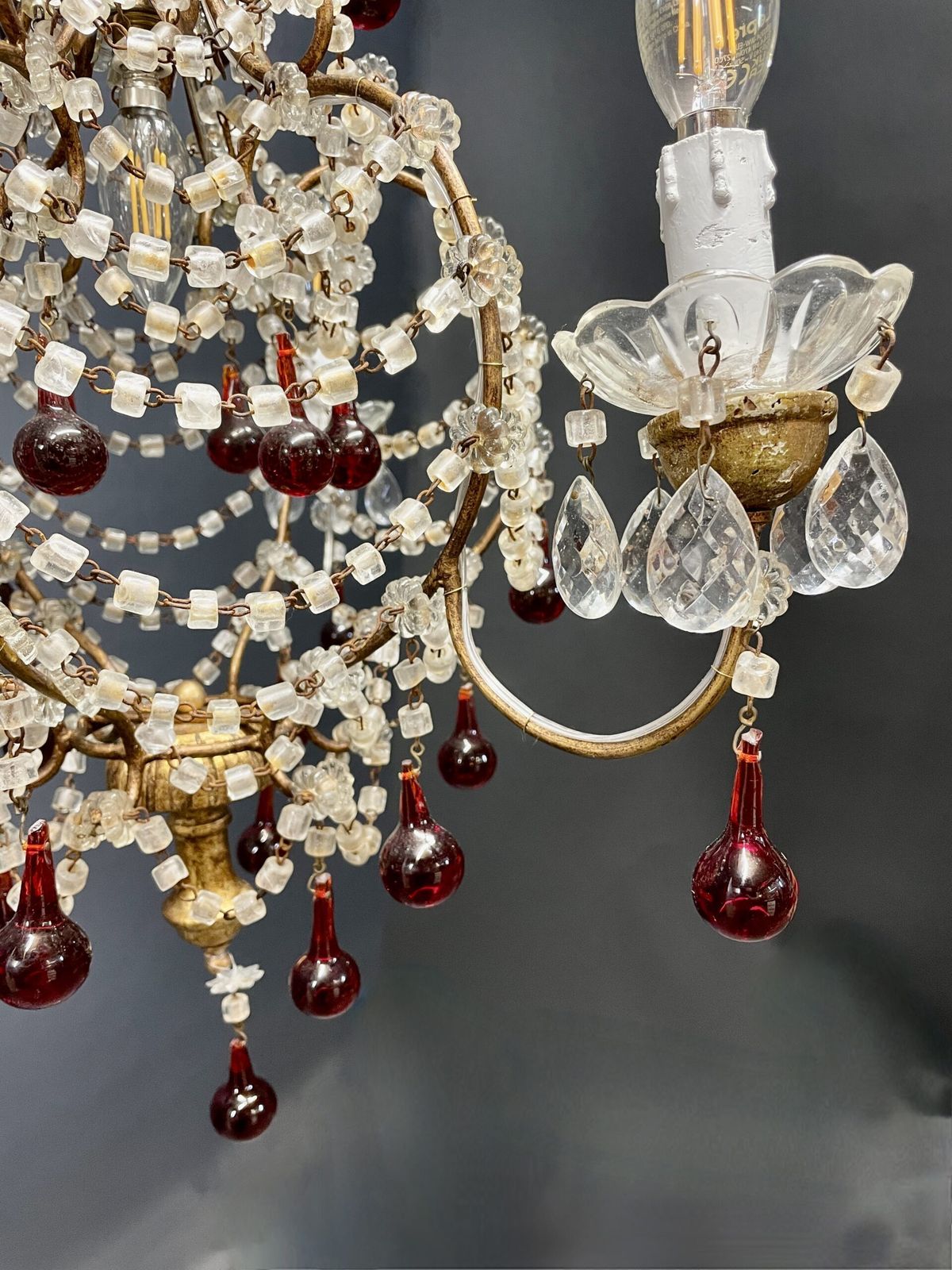 Beaded Swag Chandelier With Red Crystal Berry Drops. (Italian) Circa 1920 photo furniture