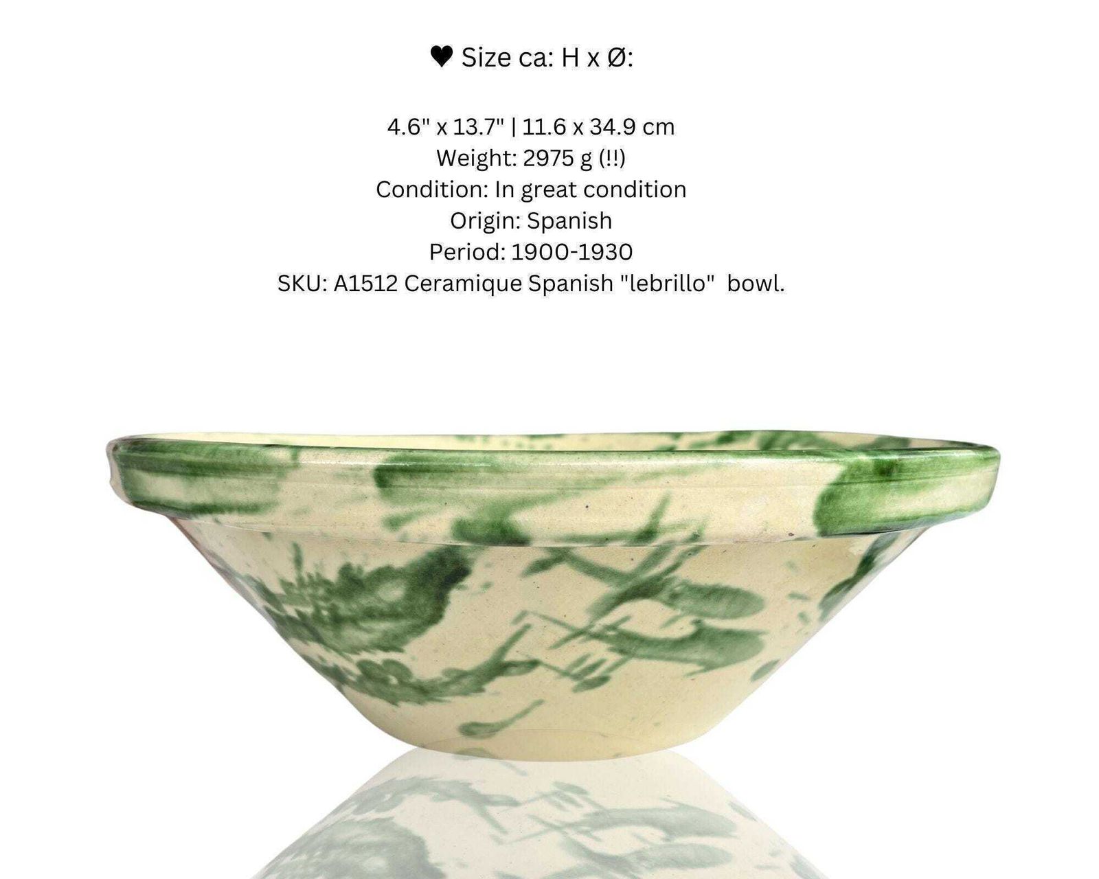 Spaanse Lebrillo Keramische Schaal | Groen | Tafelstuk | 14" (35 Cm) photo furniture