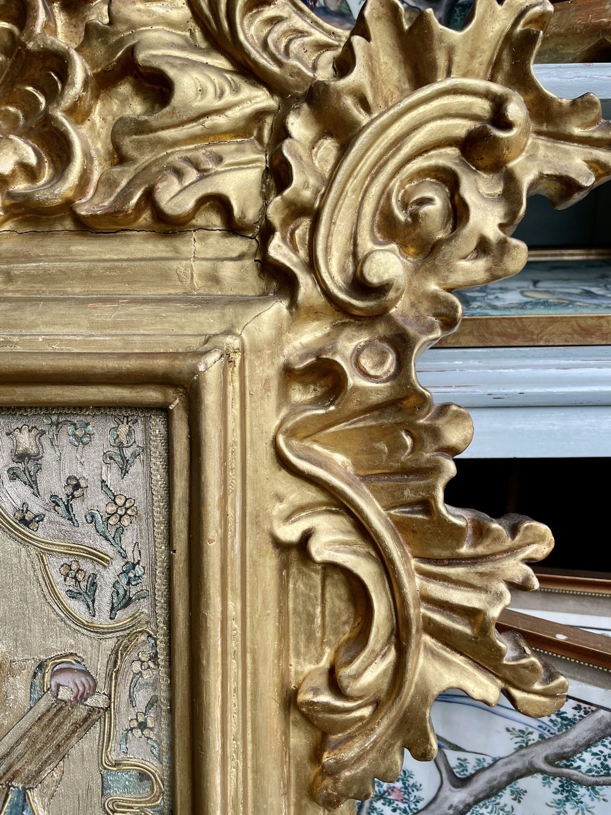 Italian 18th Century Church Icon In Silk Threads And A Water Gilded Frame photo 2200.0