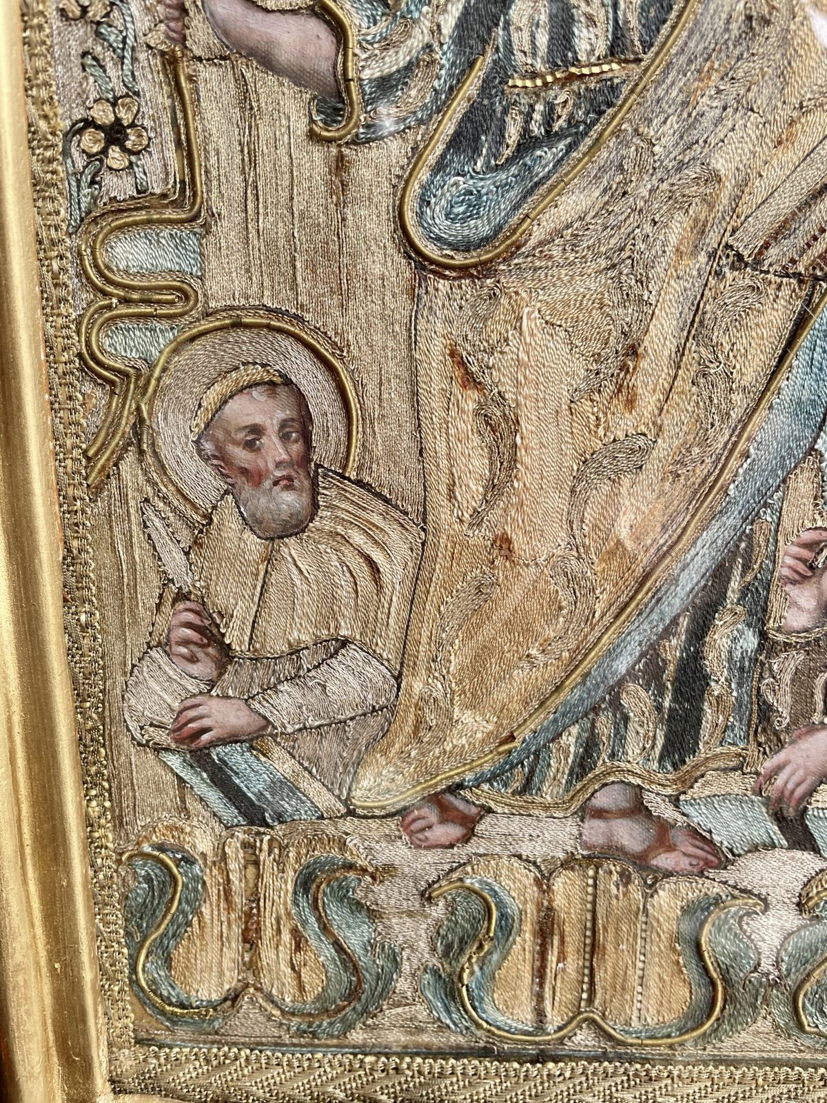 Italian 18th Century Church Icon In Silk Threads And A Water Gilded Frame photo buy
