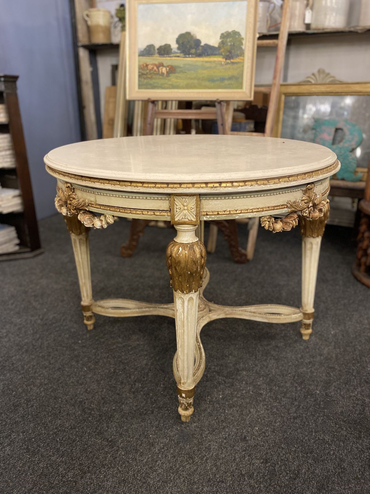 Circular 19th Century Card Table, In Carved Wood And Polychrome, With A Marble Top.