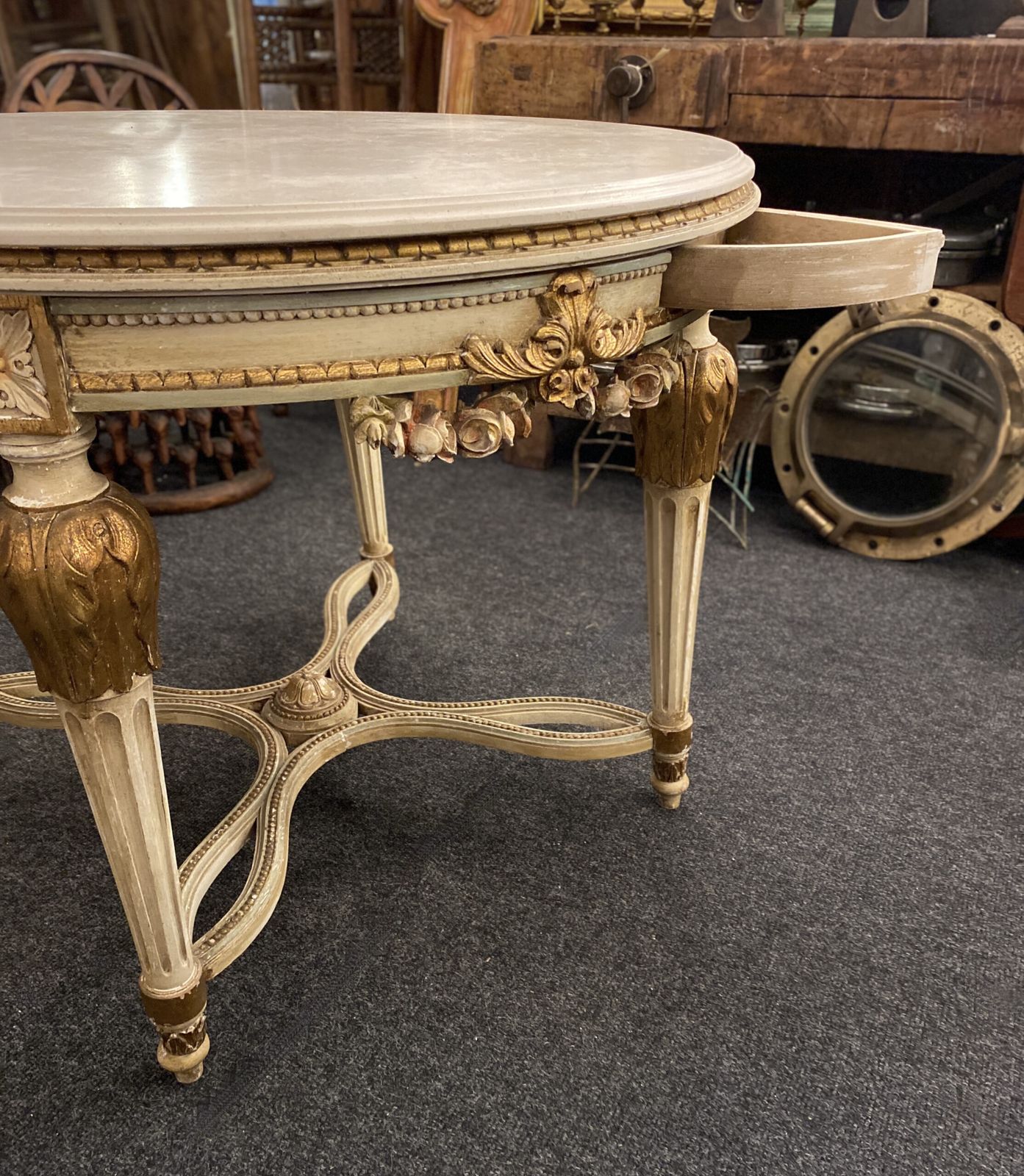 Circular 19th Century Card Table, In Carved Wood And Polychrome, With A Marble Top. photo for sale