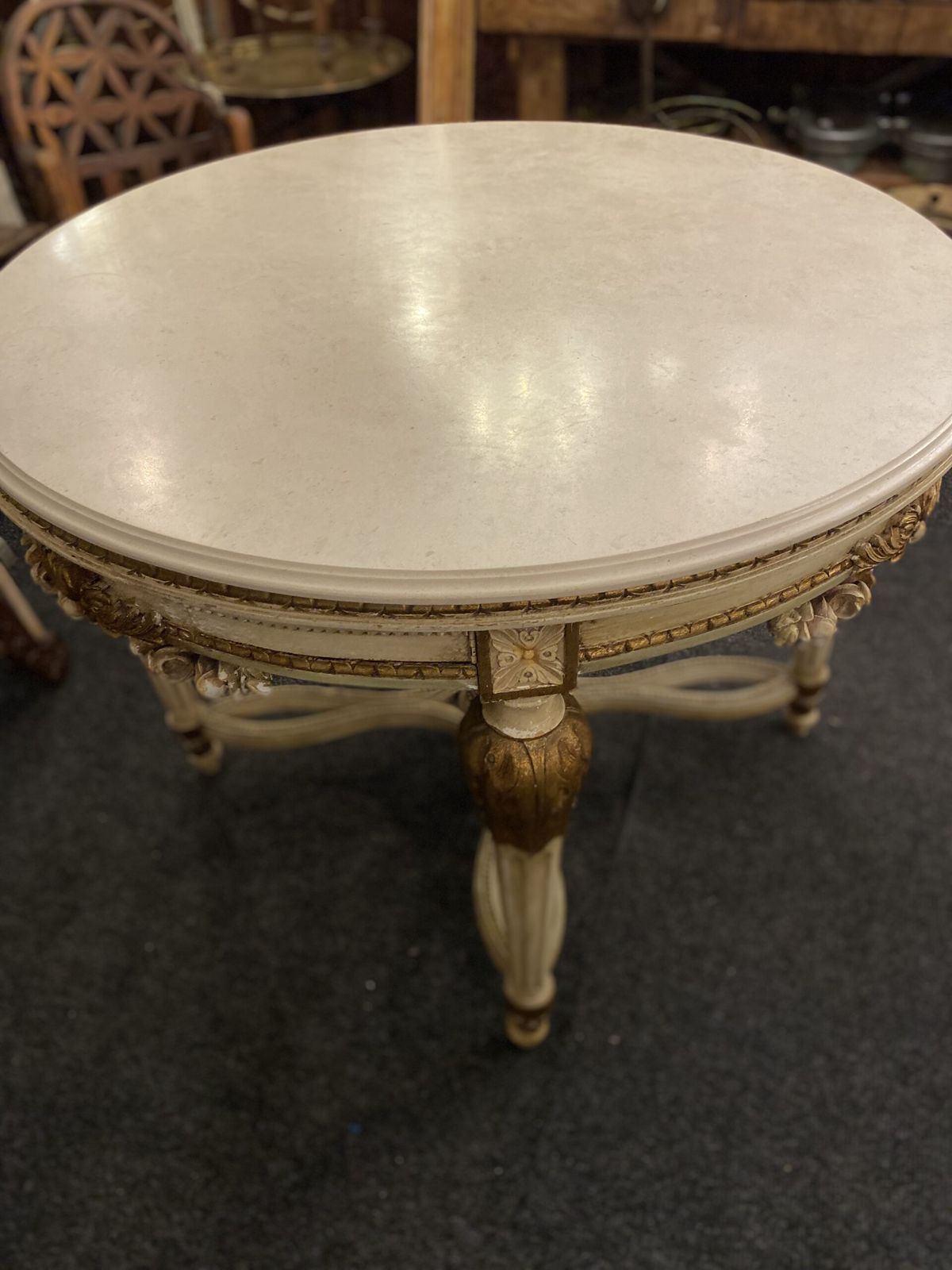 Circular 19th Century Card Table, In Carved Wood And Polychrome, With A Marble Top. photo Furniture