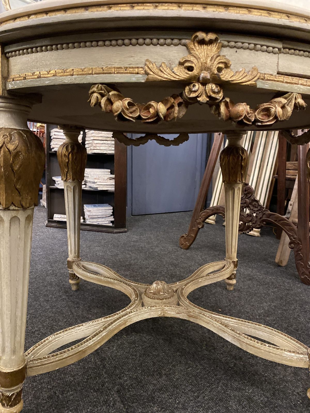 Circular 19th Century Card Table, In Carved Wood And Polychrome, With A Marble Top. photo buy