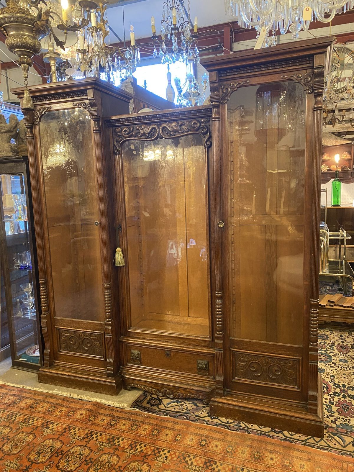 Glass Fronted Carved Fruitwood Bookcase With Shelves.