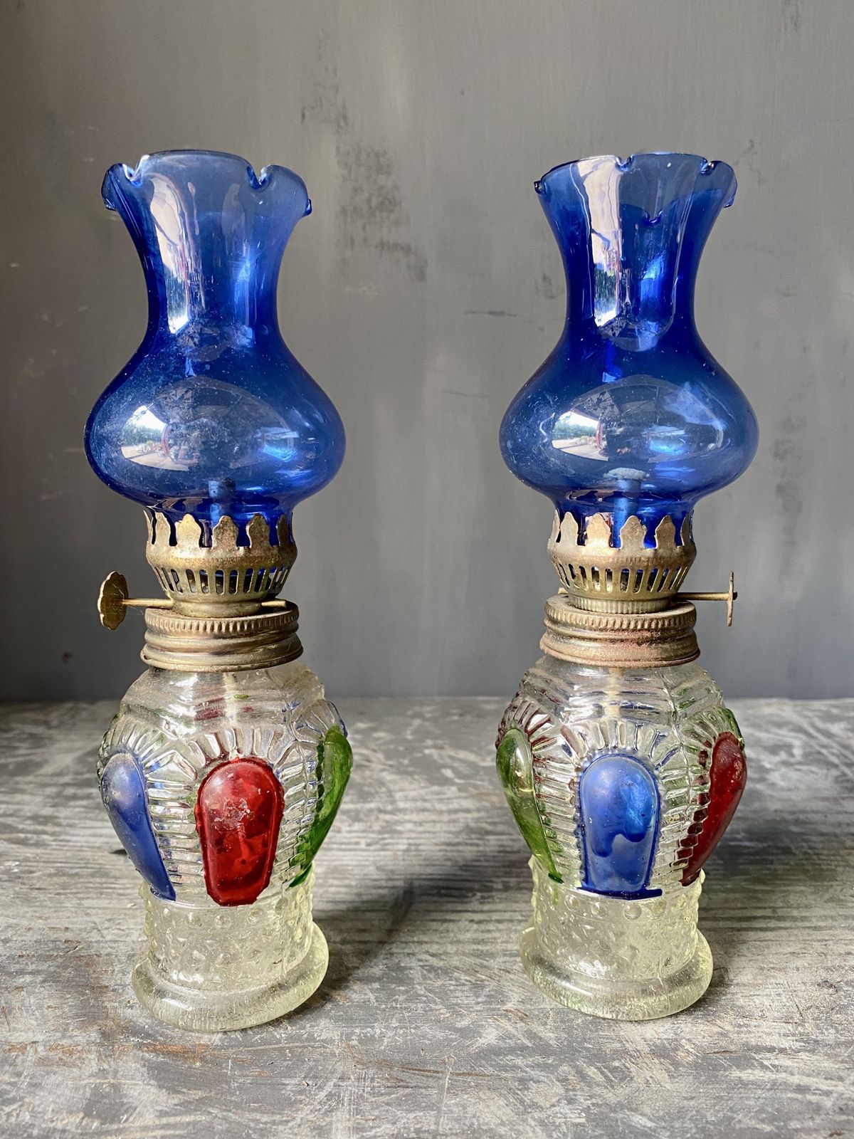 Pair Of Petite Glass Lanterns With Coloured Glass. (Circa 1920)