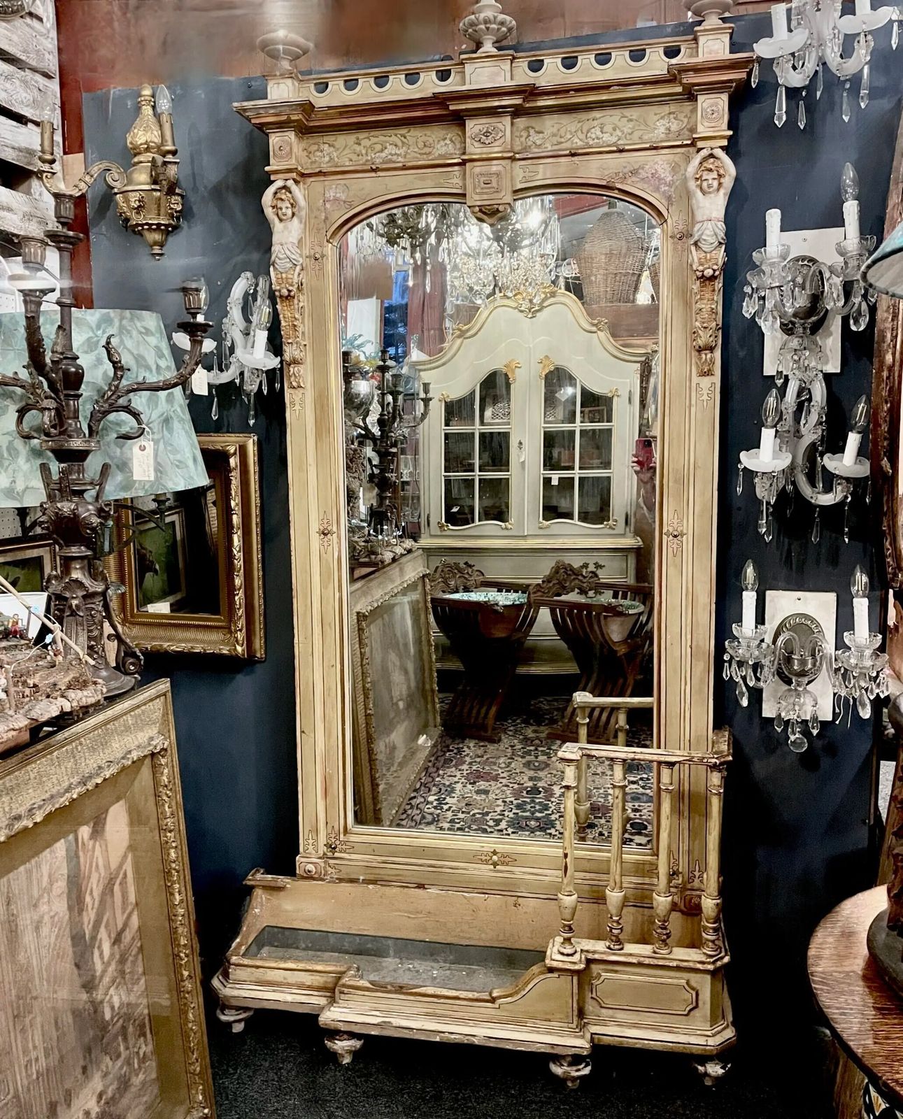 Italian Polychrome 19th Century Mirror, With Lead Lined Jardiniere.