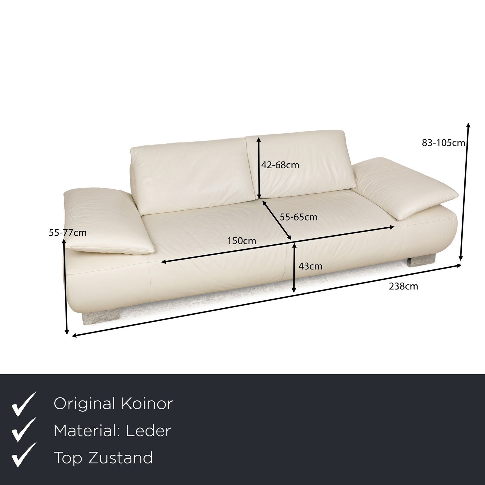 Canapé 3 places Koinor Volare en cuir blanc crème, fonction manuelle photo furniture