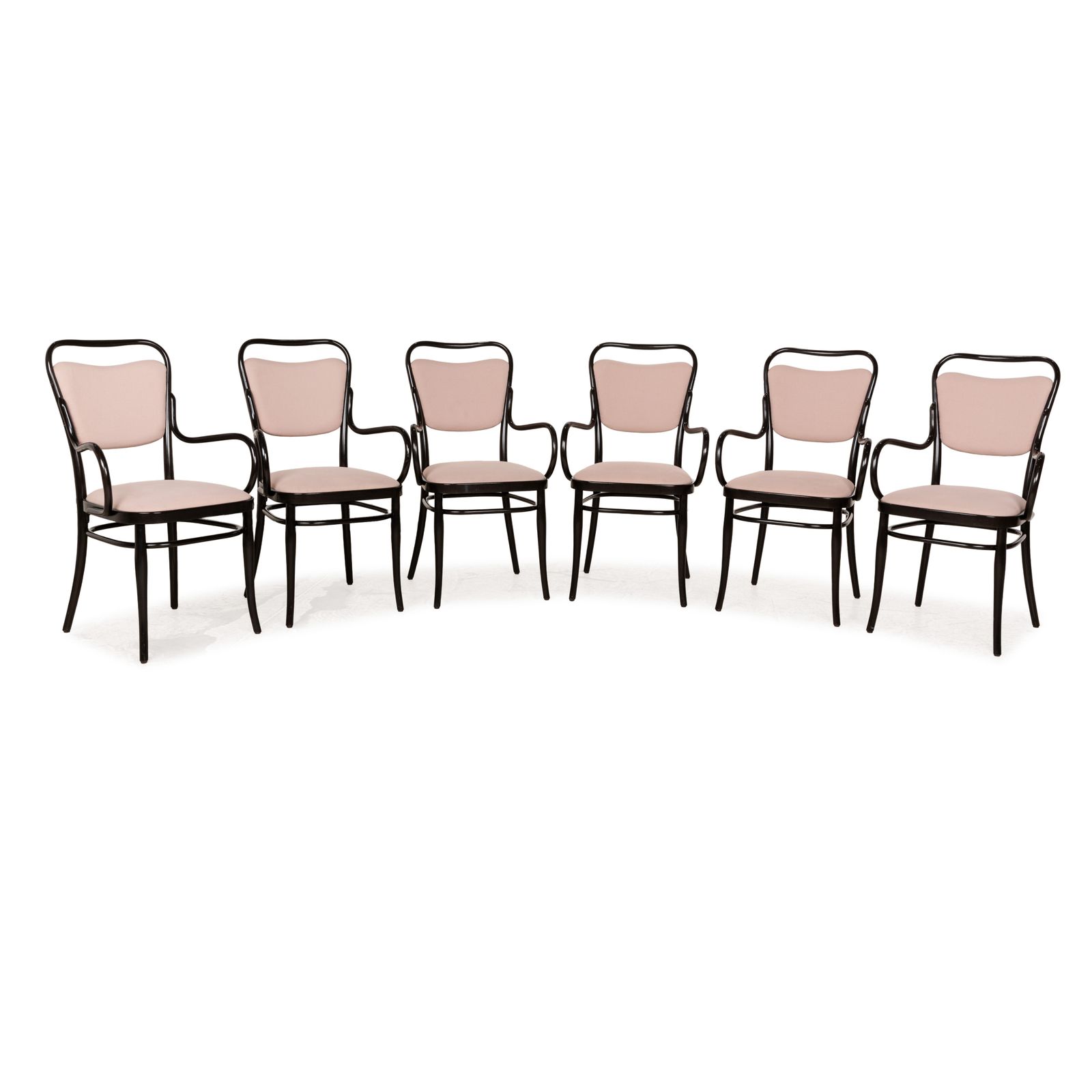 Lot de 6 chaises Thonet en bois courbé brun foncé, revêtement vieux rose