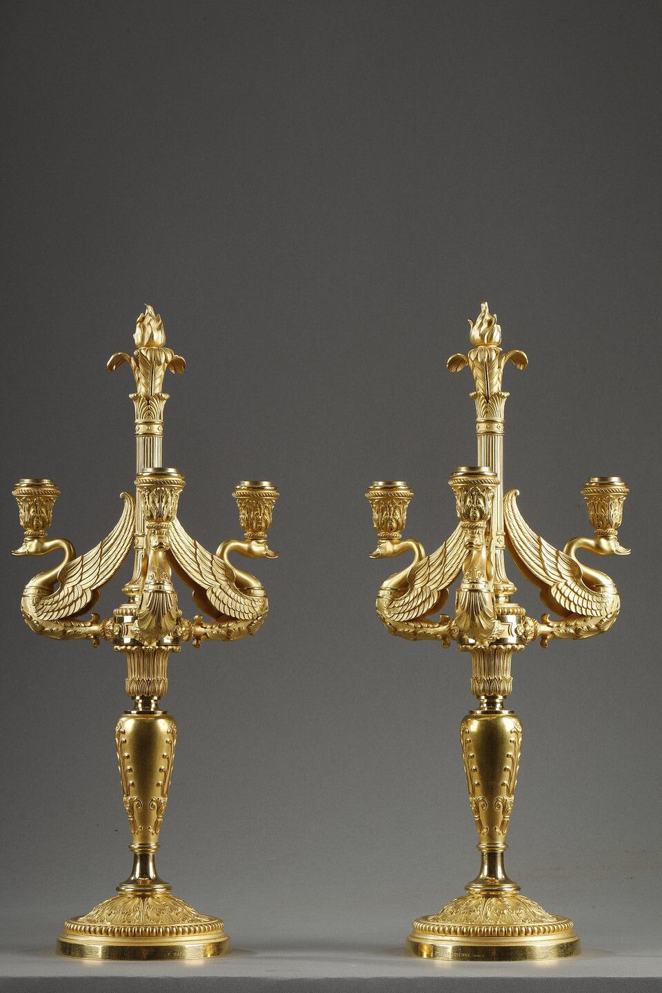 Pair Of Three Light Torches In Chased And Gilded Bronze, Signed Barbedienne photo for sale
