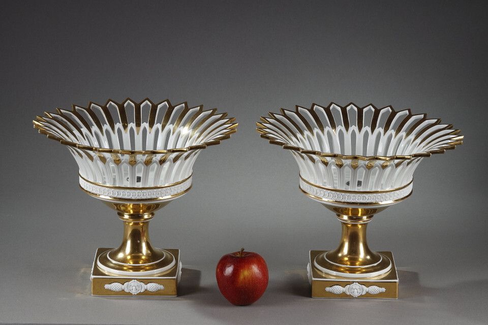 Pair Of Paris Porcelain Standing Baskets, Empire Period photo for sale