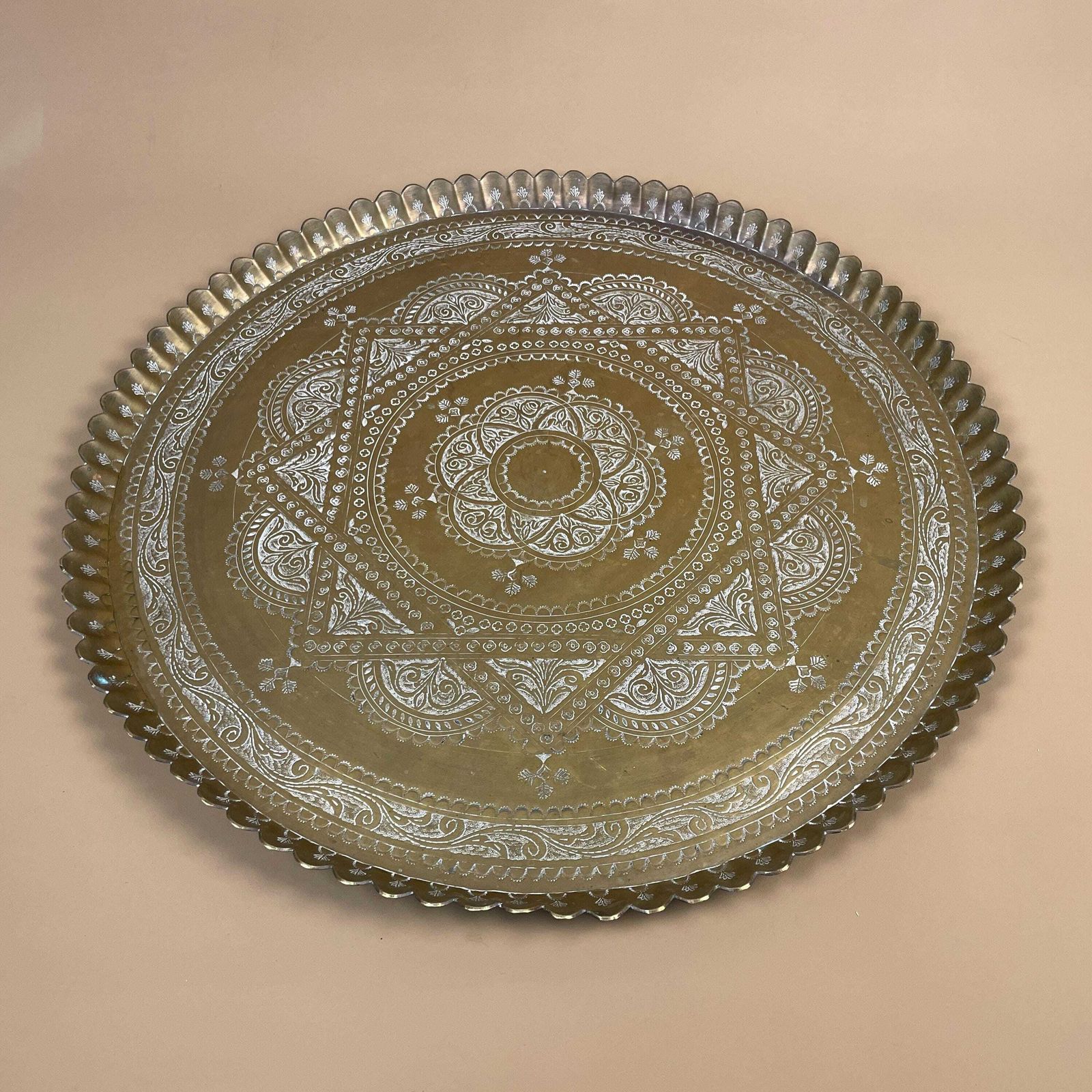 Indian Gold Brass Tray 50cm Large Scalloped Edge Decorative Circle Round Handmade Etched Intricate Vintage Antique photo furniture