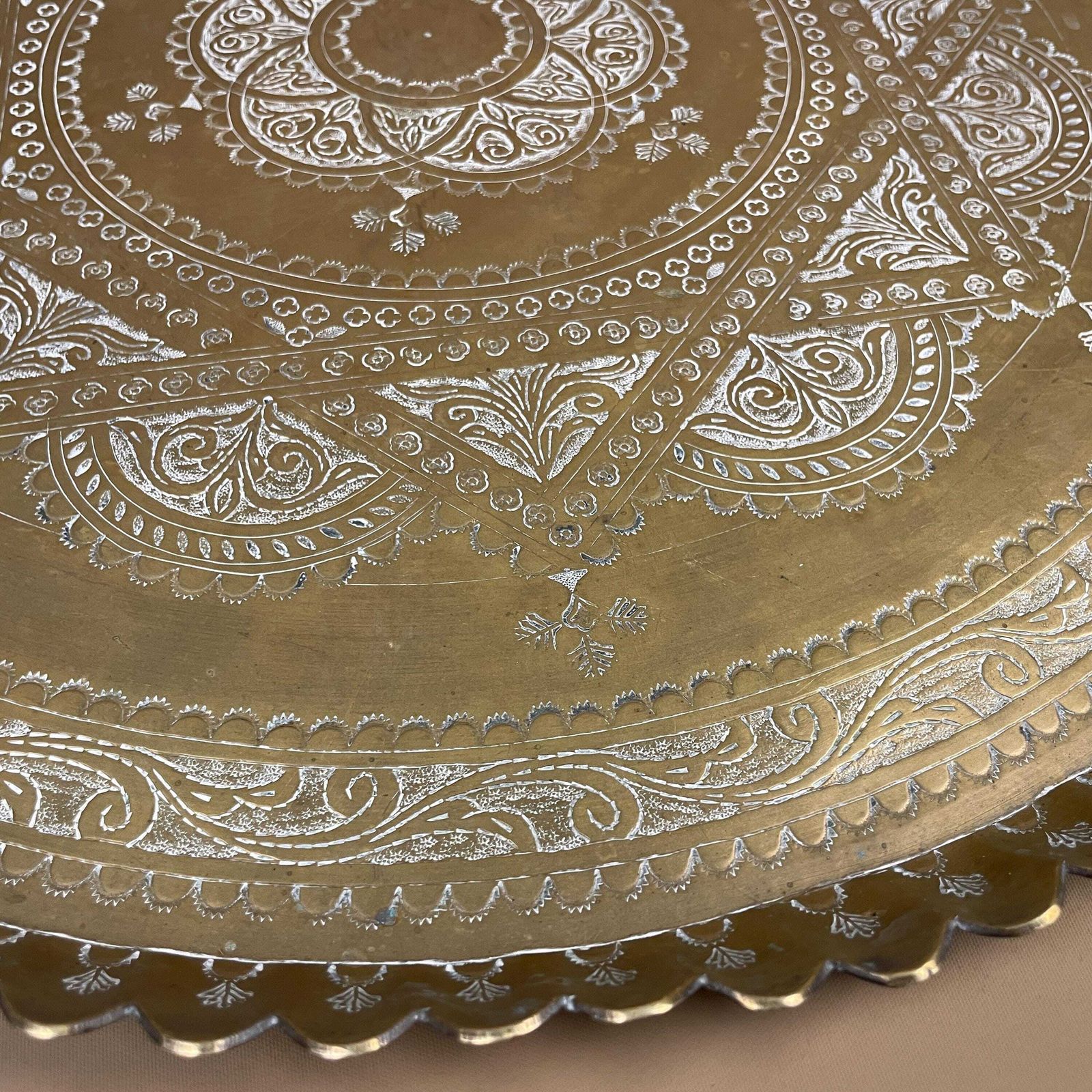 Indian Gold Brass Tray 50cm Large Scalloped Edge Decorative Circle Round Handmade Etched Intricate Vintage Antique photo vinterior