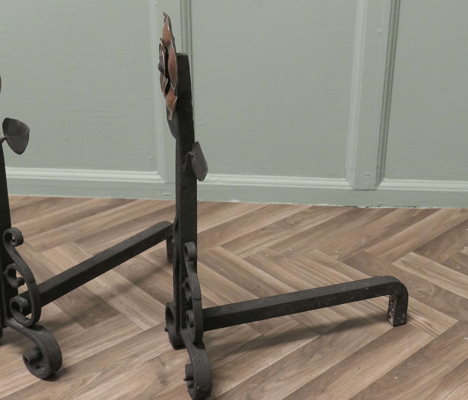 A Pair Of Large Arts And Crafts Copper And Iron Andirons Or Fire Dogs photo 900.0
