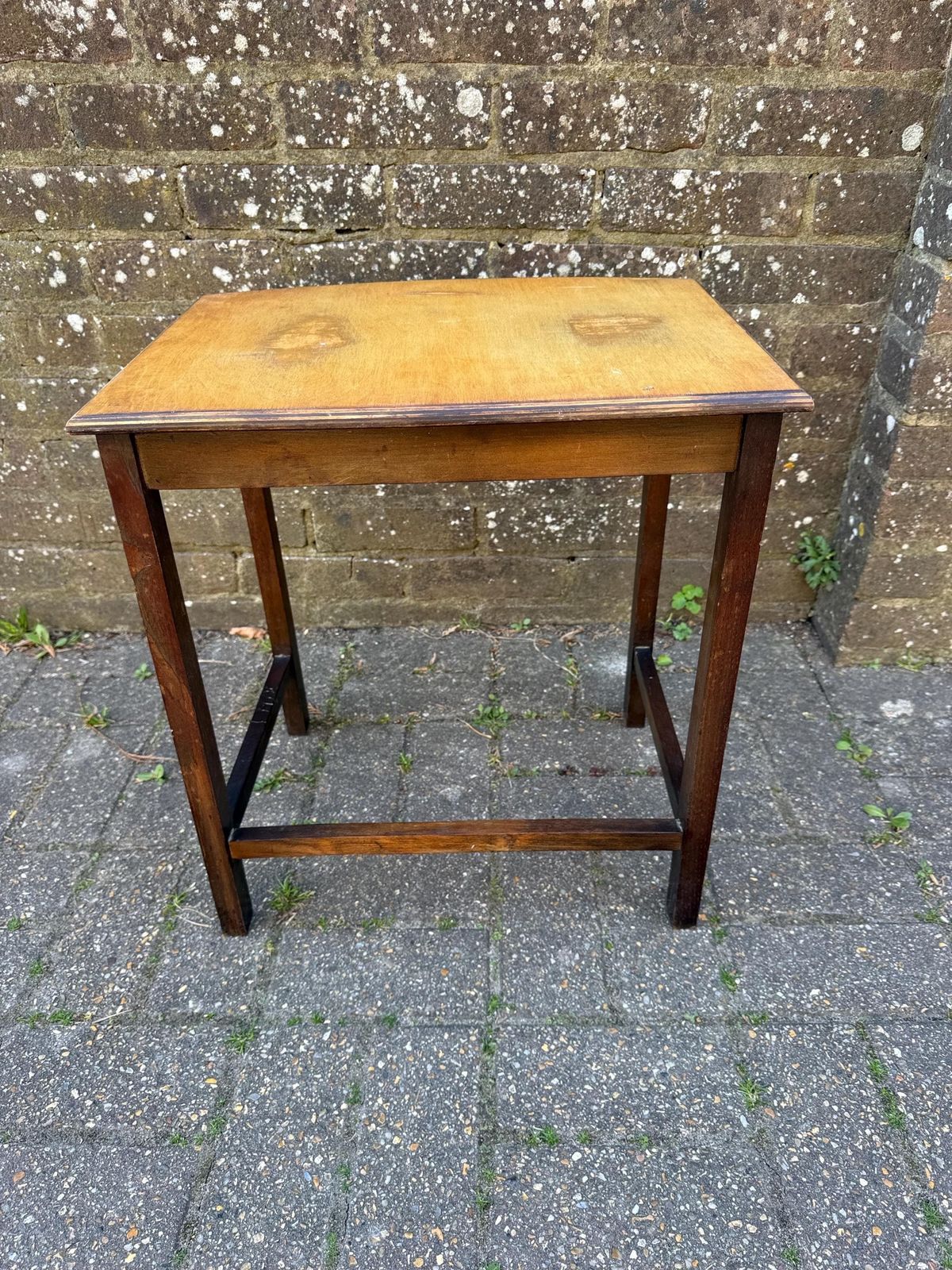 Unique Vintage Small Wooden Oak Table, Plant Stand, Retro Table With Stripped Top (31cm X 45cm X 31cm) photo vinterior