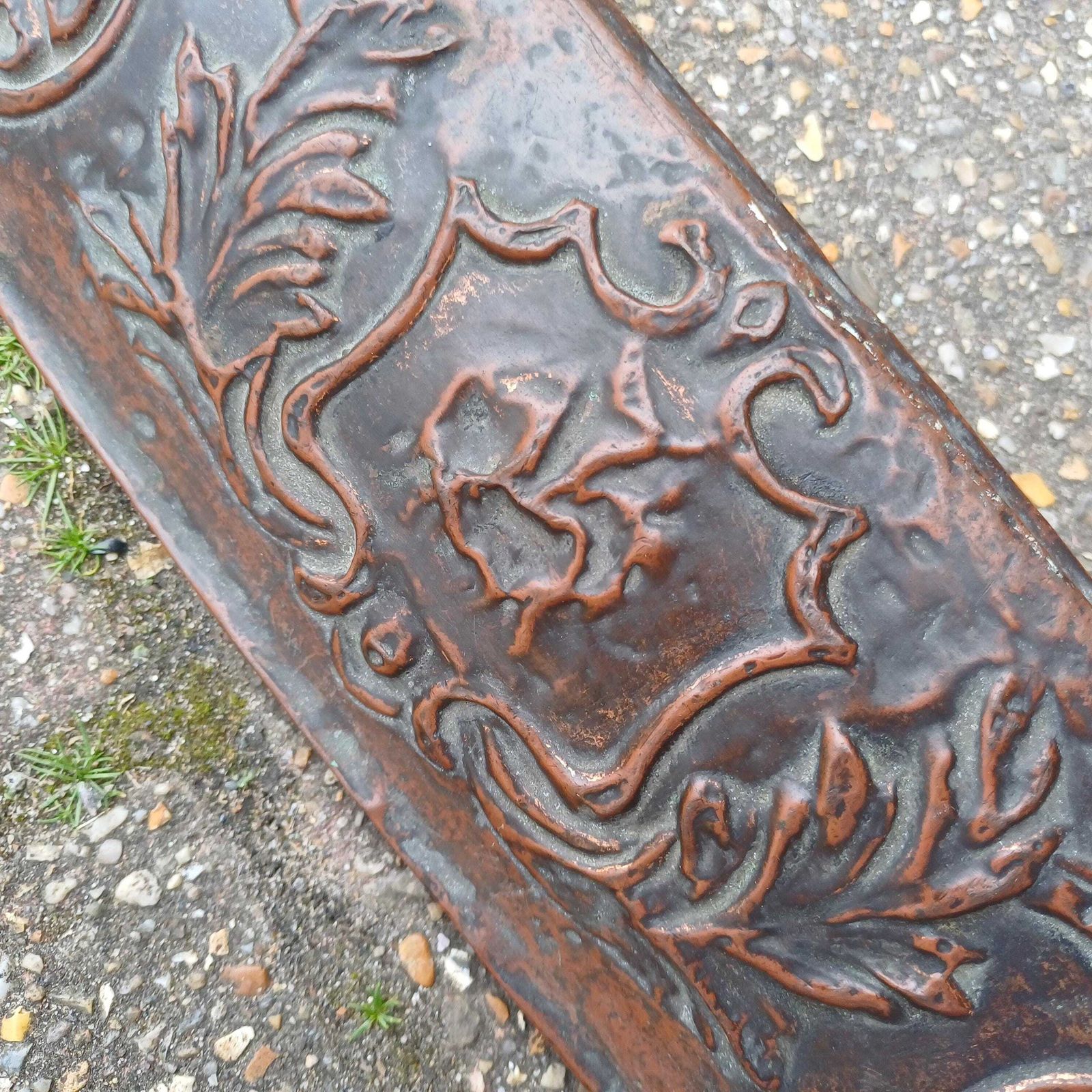 Antique Copper And Wood Fire Surround Panel Embossed Arts And Crafts Fender With Verdigris Patina photo buy