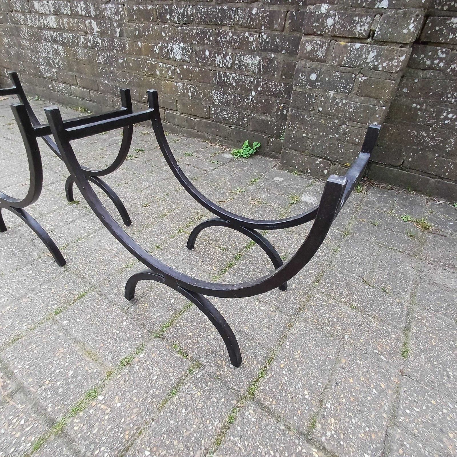 Pair Of Vintage Iron Log Holders 1980s 1990s Black Hand Forged Wrought Iron Fireplace Wood Storage Rustic Industrial Style photo Home Fixtures