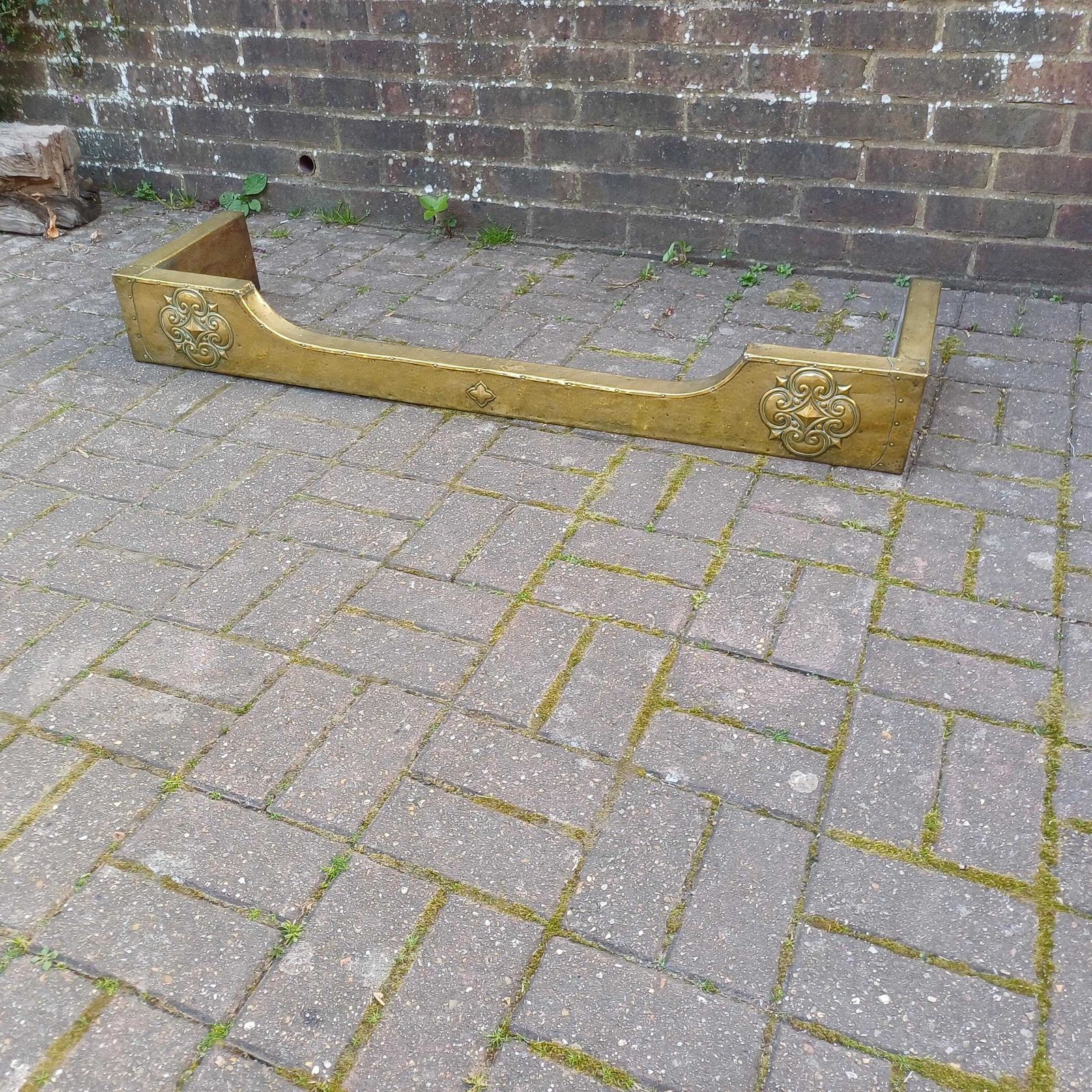 Antique Brass Clad Fireplace Fender Late Victorian Or Edwardian, Hand Tooled Arts & Crafts Gothic Revival Style