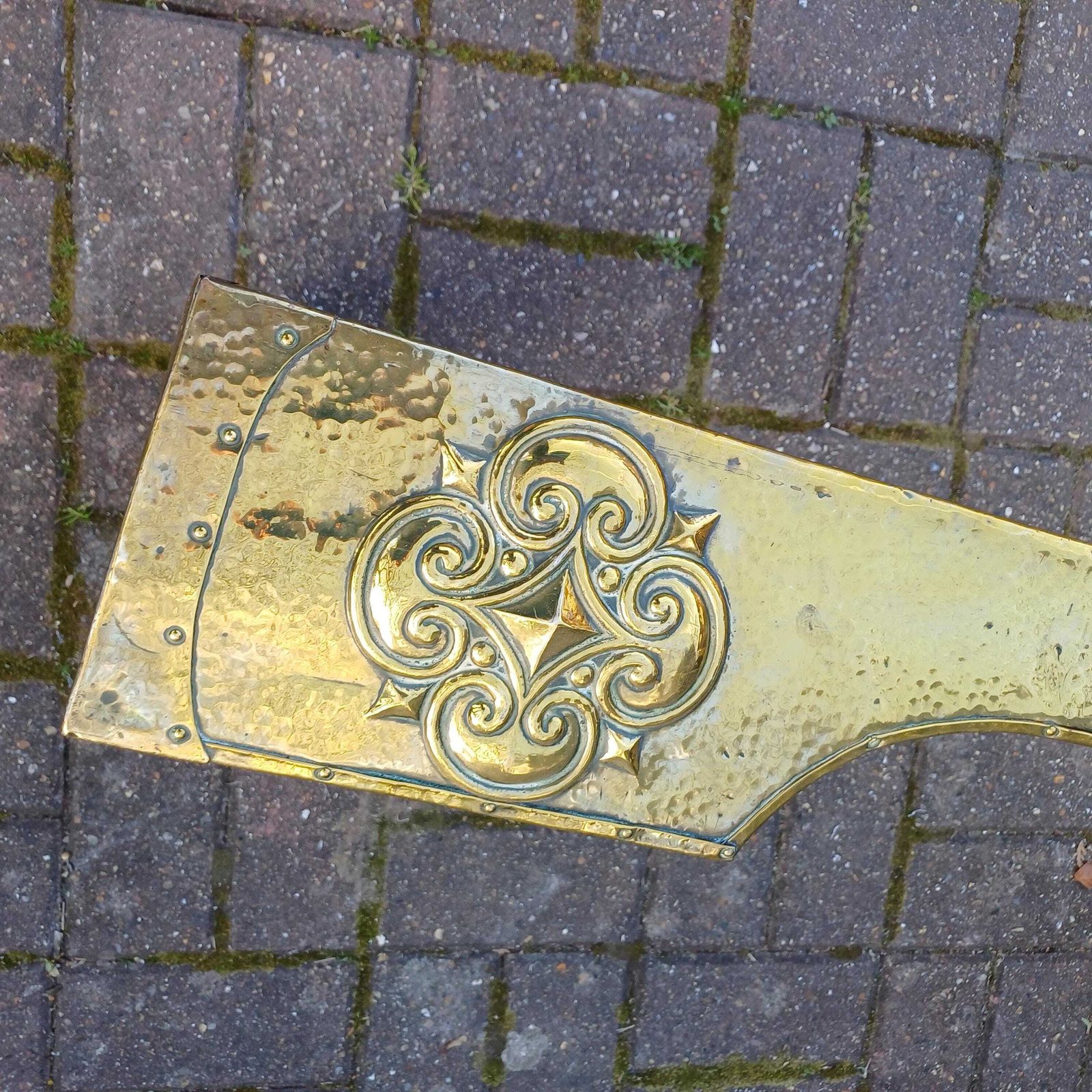 Antique Brass Clad Fireplace Fender Late Victorian Or Edwardian, Hand Tooled Arts & Crafts Gothic Revival Style photo furniture