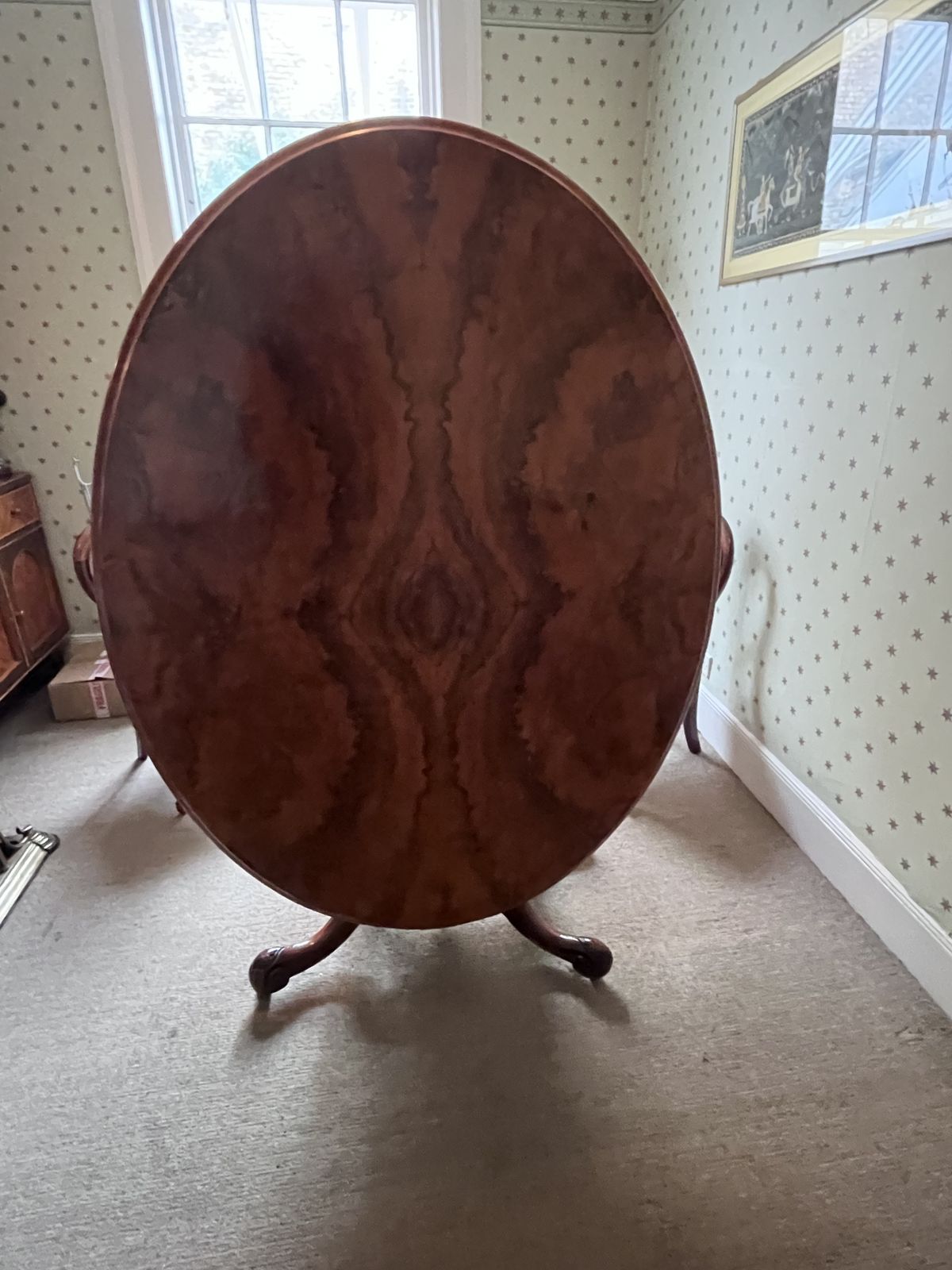 Beautiful Inlaid Walnut Dining Table With An Exquisite Carved Base. It Tips To Vertical To Display Its Splendour. photo vinterior