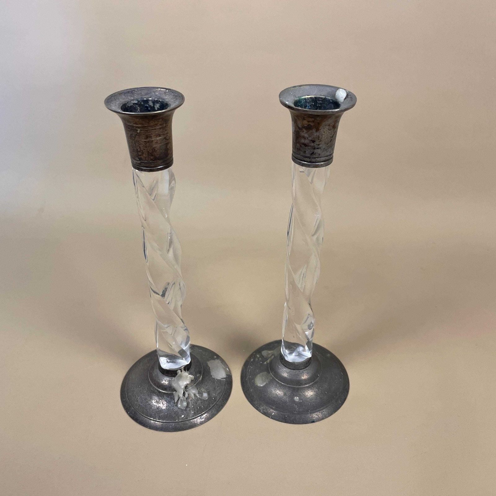 Vintage Matching Pair Of Silver Metal Candlestick Candle Stick Column Taper Dinner Candlesticks Clear Plastic Centre Round Base Twisted photo for sale