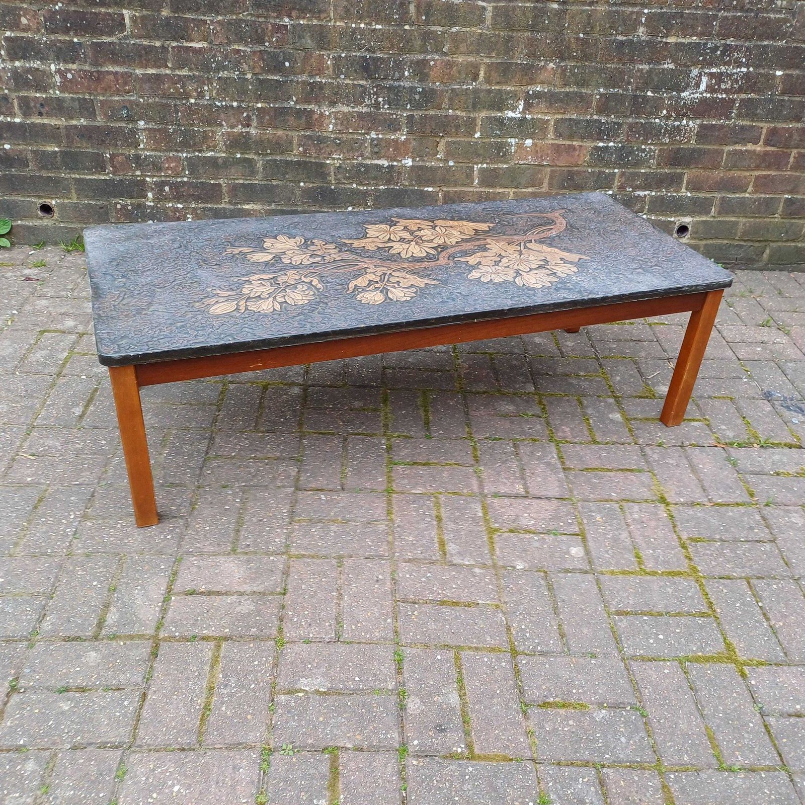 Huge Mid Century Retro Sculpted Coffee Table 1970s Floral Relief Top Brutalist Art Nouveau Style Gold Bronze Resin