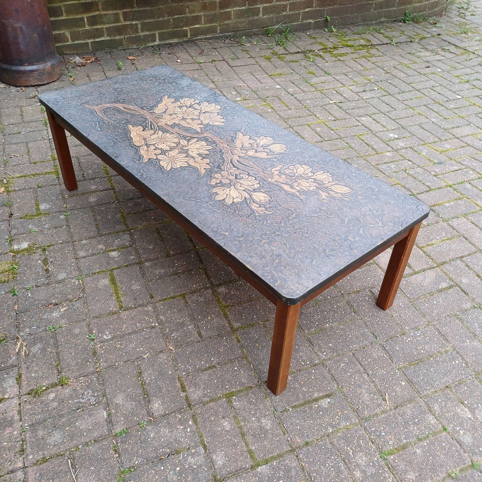 Huge Mid Century Retro Sculpted Coffee Table 1970s Floral Relief Top Brutalist Art Nouveau Style Gold Bronze Resin photo for sale