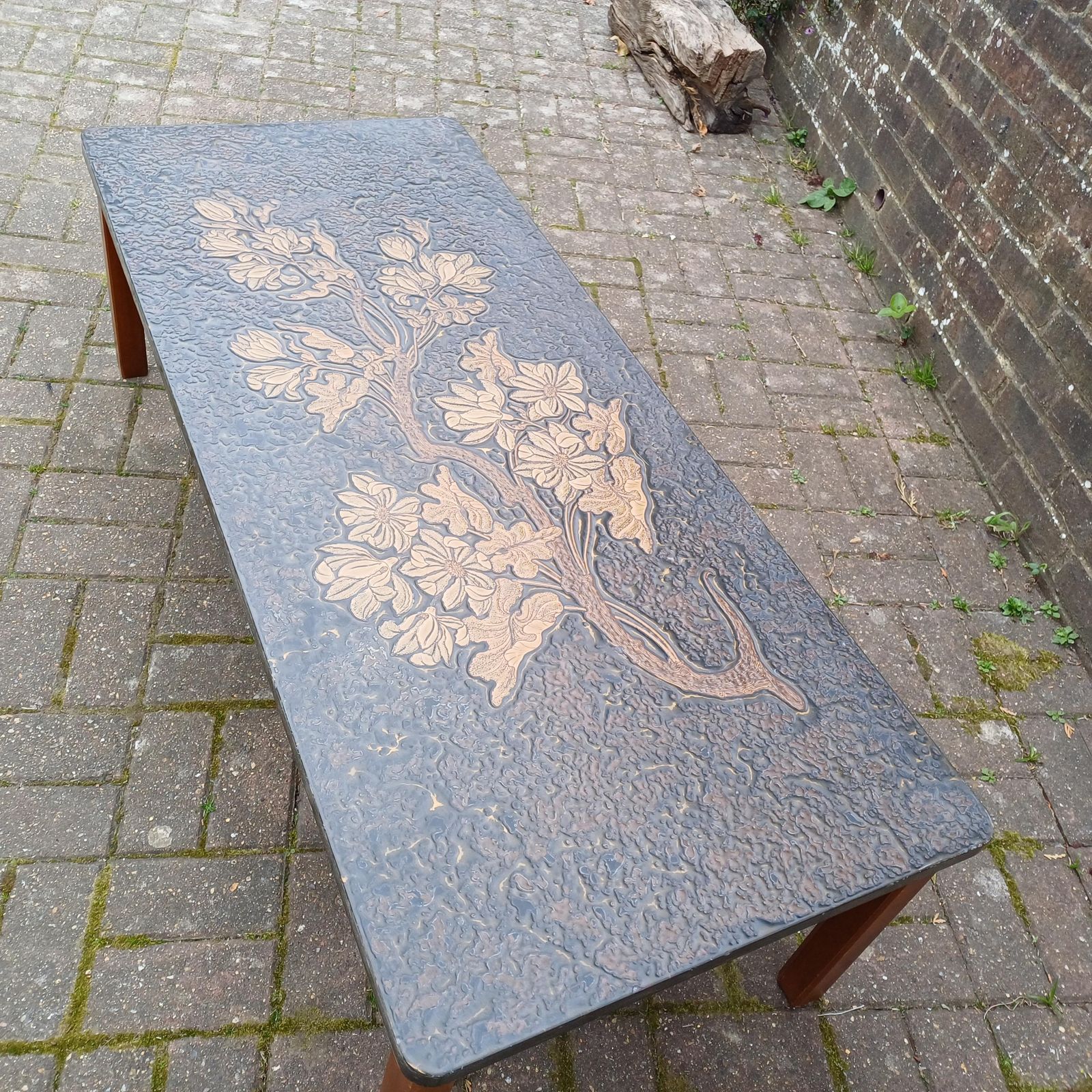 photo furniture Huge Mid Century Retro Sculpted Coffee Table 1970s Floral Relief Top Brutalist Art Nouveau Style Gold Bronze Resin